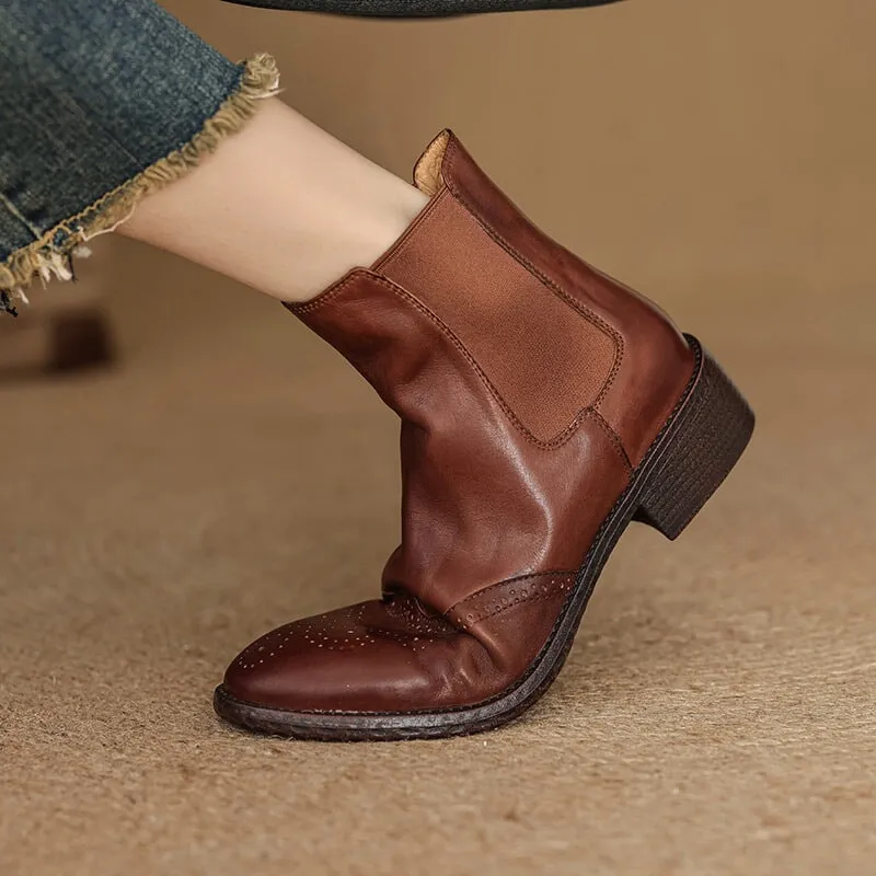 40mm Block Heel Leather Chelsea Boots Brogue Carving in Black/Brown