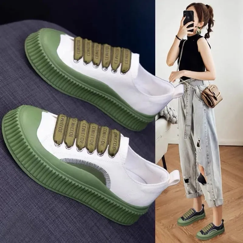 Advbridge Round Head Lace-Up White Canvas Shoes Retro Non-Slip Green Platform Shoes High Quality Heighten Flat Casual Vulcanize Shoes