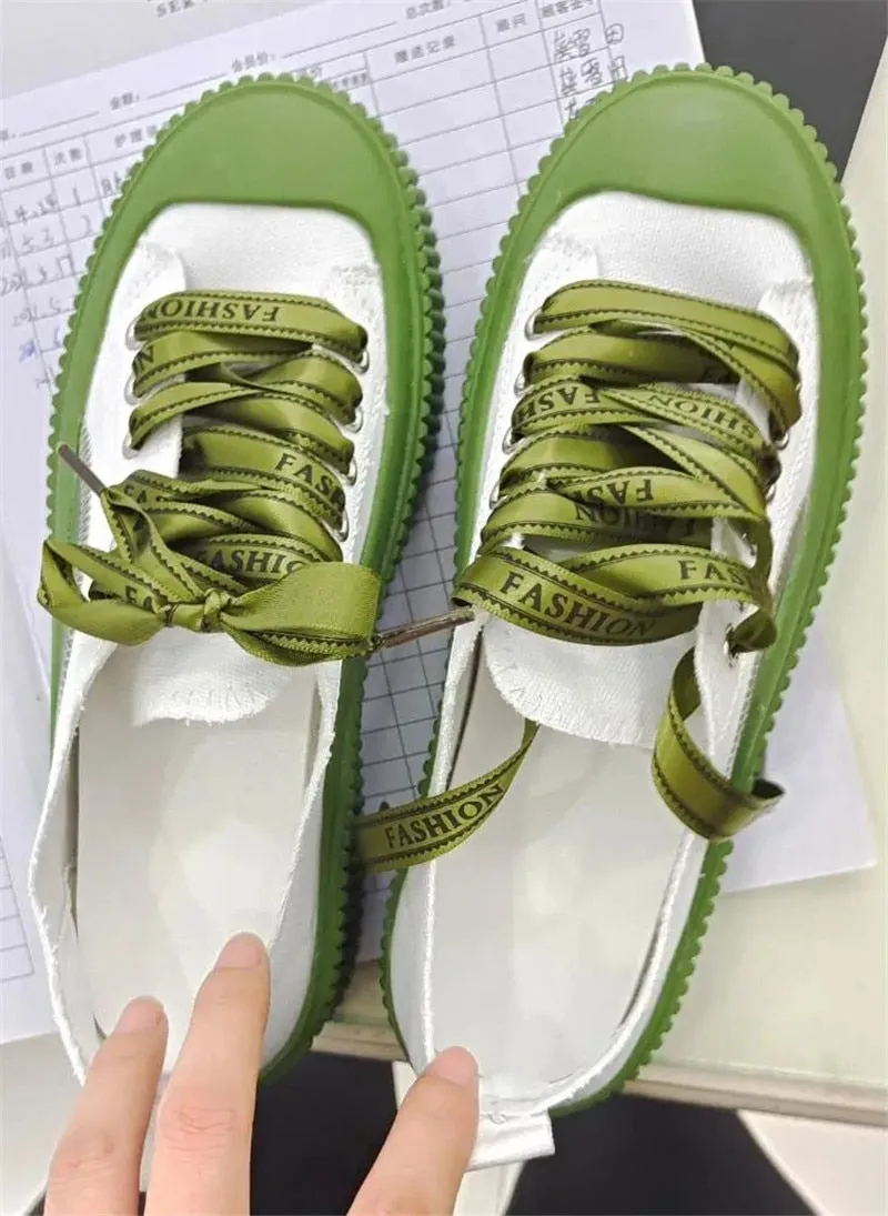 Advbridge Round Head Lace-Up White Canvas Shoes Retro Non-Slip Green Platform Shoes High Quality Heighten Flat Casual Vulcanize Shoes