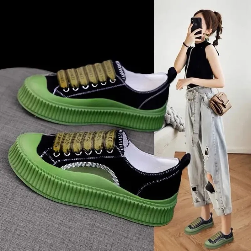 Advbridge Round Head Lace-Up White Canvas Shoes Retro Non-Slip Green Platform Shoes High Quality Heighten Flat Casual Vulcanize Shoes