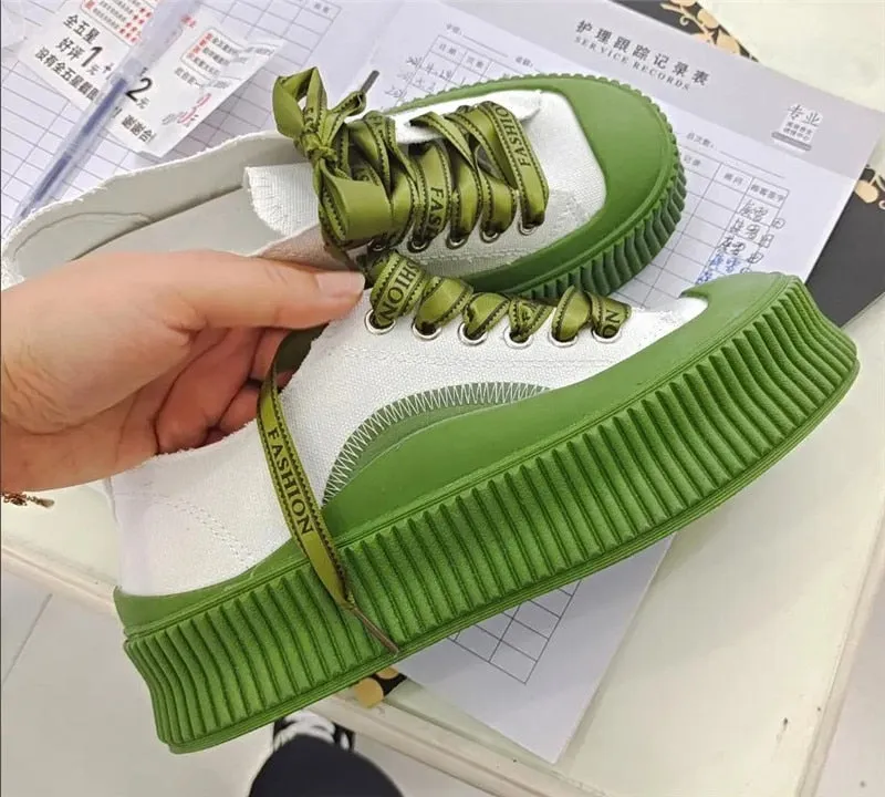 Advbridge Round Head Lace-Up White Canvas Shoes Retro Non-Slip Green Platform Shoes High Quality Heighten Flat Casual Vulcanize Shoes