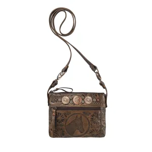 American West Womens Trail Rider Distressed Charcoal Brown Leather Crossbody Bag