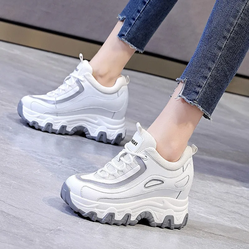 Amozae  9Cm Genuine Leather Platform Wedge Hidden Heel Women Casual Shoes Chunky Sneakers Za Ins Fashion Winter Warm Sneakers Boot