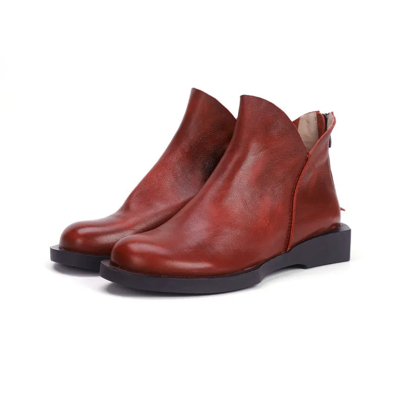 Barefoot Ankle Boots Soft Leather Flat Boots Back Zip Chelsea Boots in Red/Coffee/Black