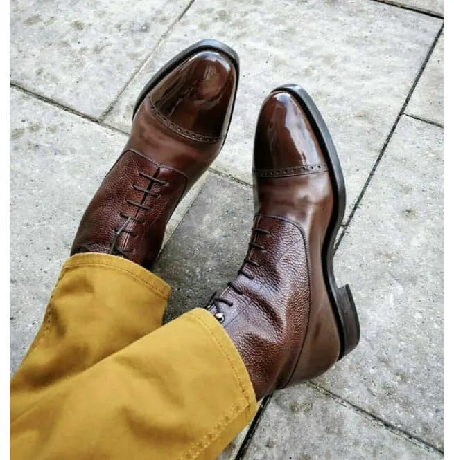 Bespoke Brown Cap Toe Leather Ankle Boot for Men