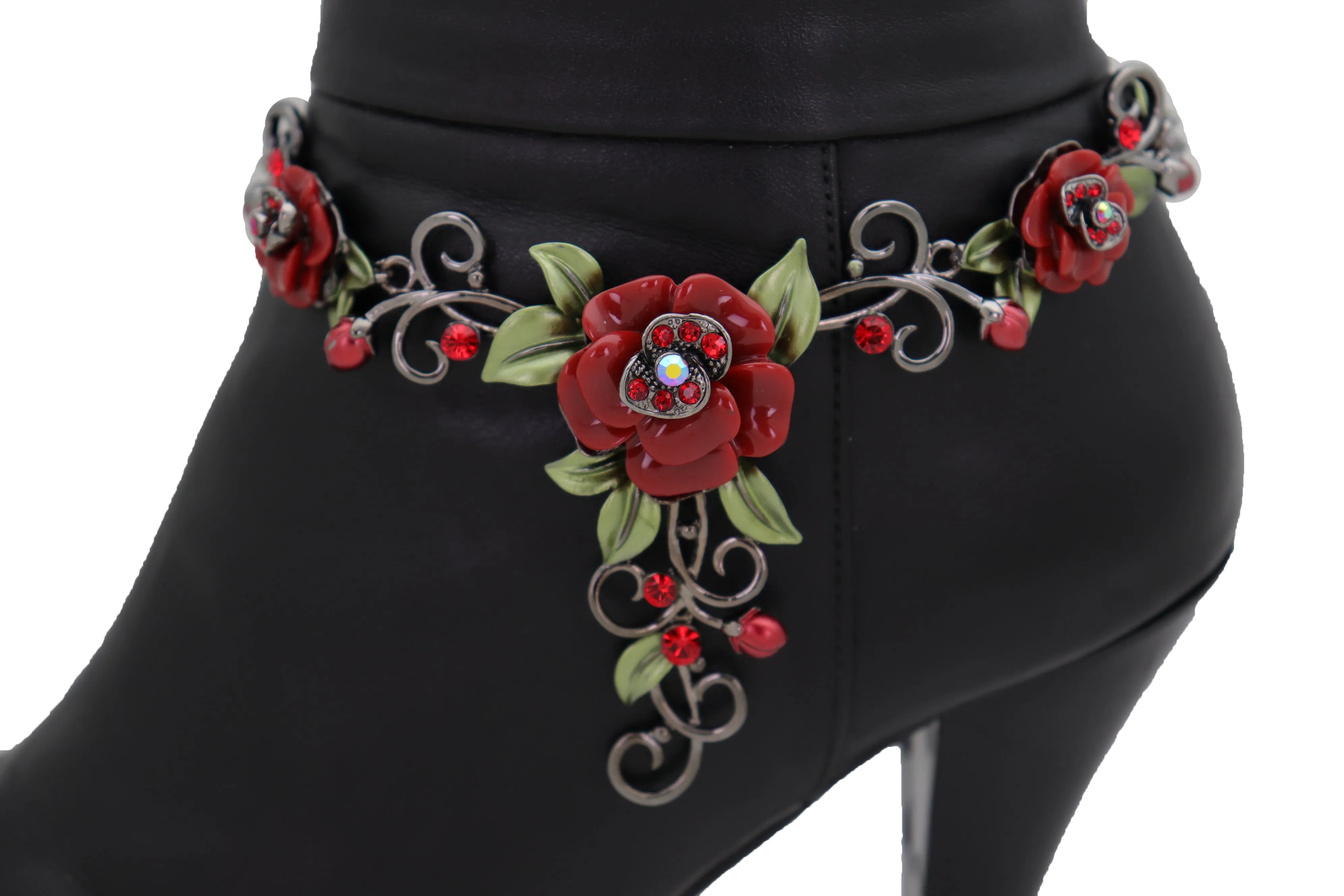 Black Metal Chain Western Boot Bracelet Shoe Anklet Red Rose Flower Charms