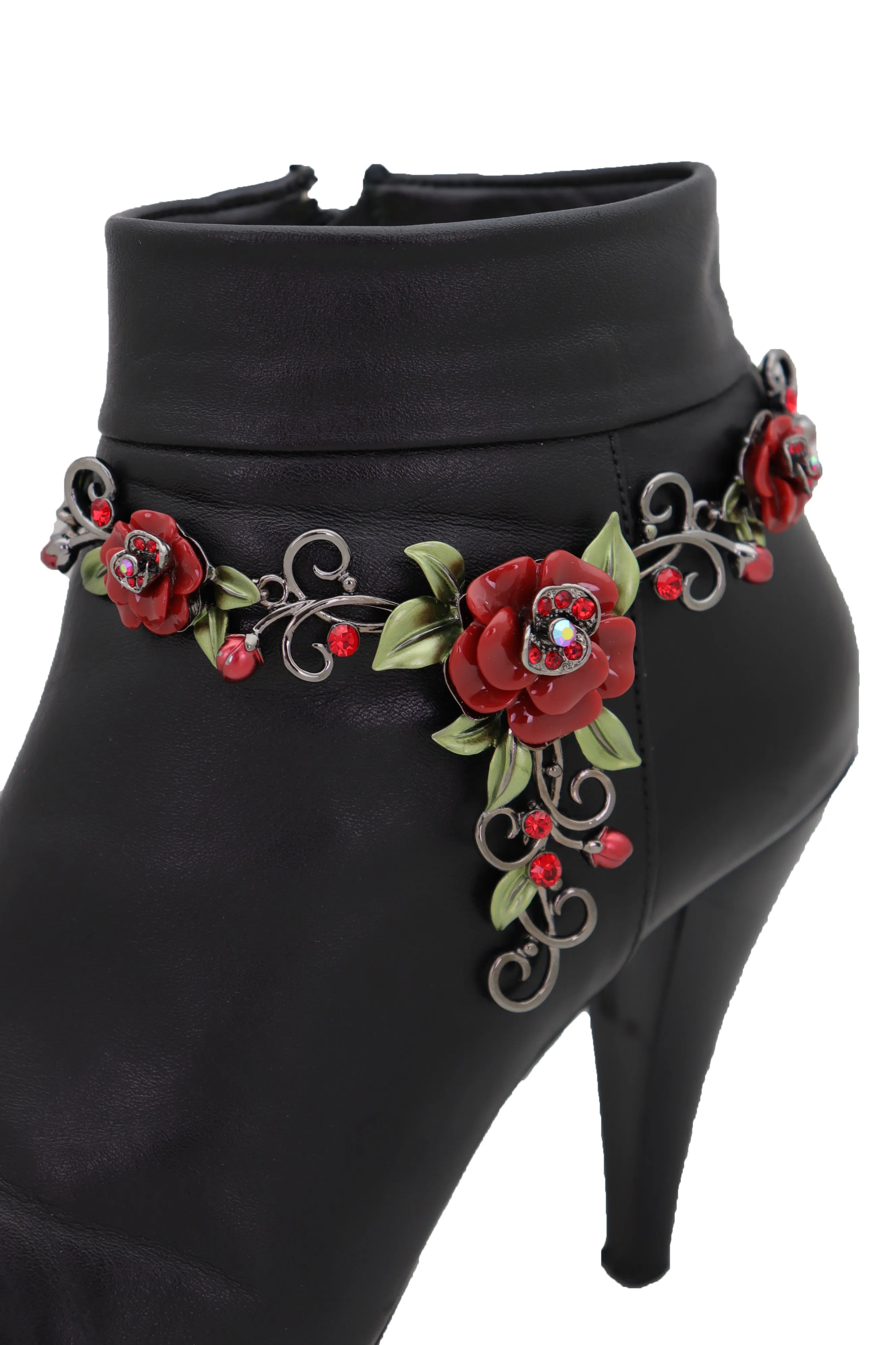 Black Metal Chain Western Boot Bracelet Shoe Anklet Red Rose Flower Charms