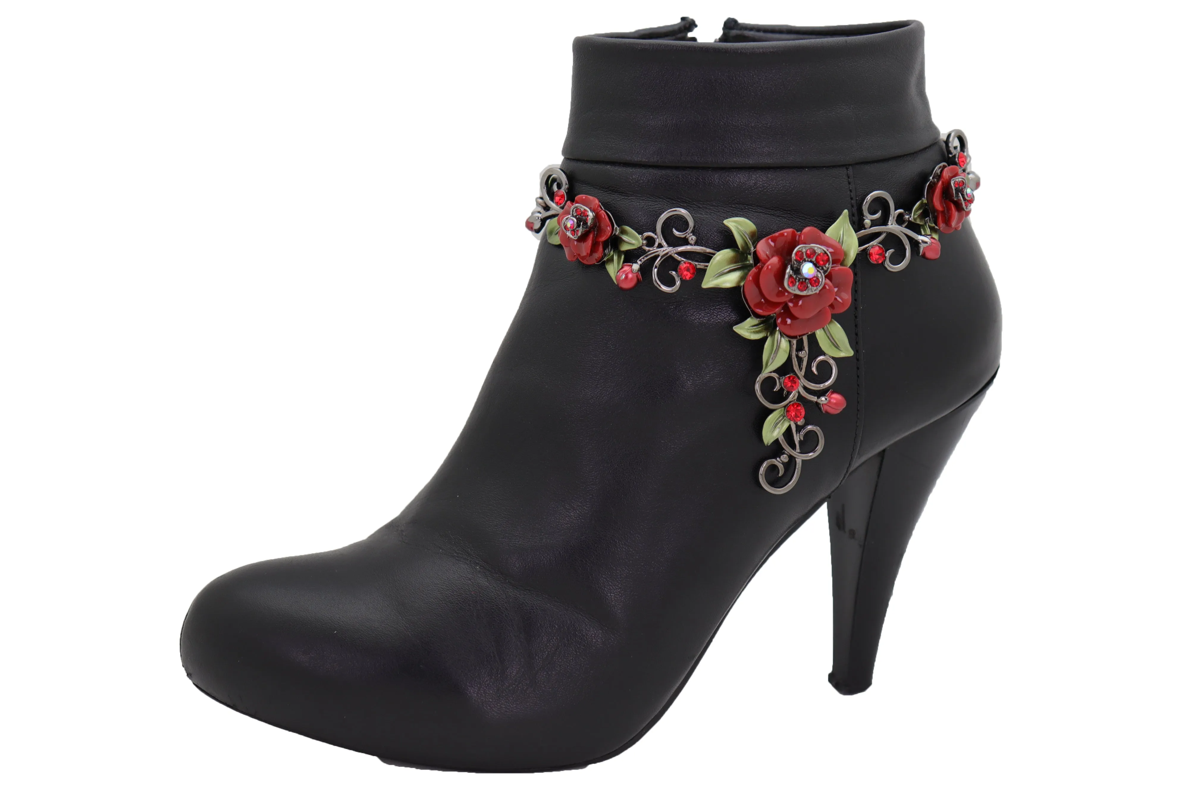 Black Metal Chain Western Boot Bracelet Shoe Anklet Red Rose Flower Charms