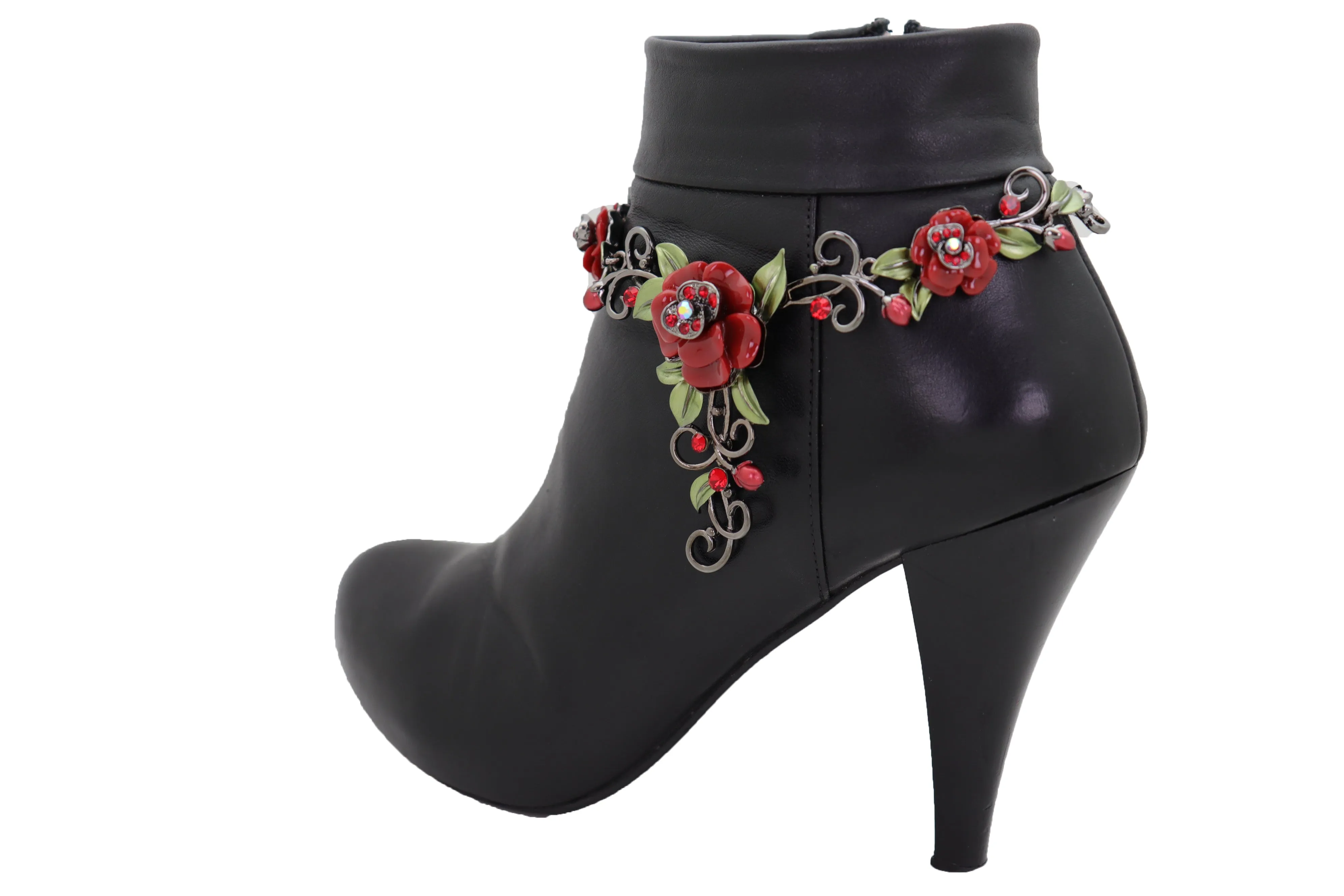 Black Metal Chain Western Boot Bracelet Shoe Anklet Red Rose Flower Charms