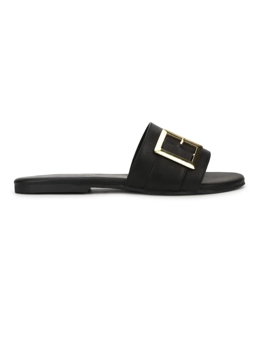 Black PU Slide Buckle Slip Ons