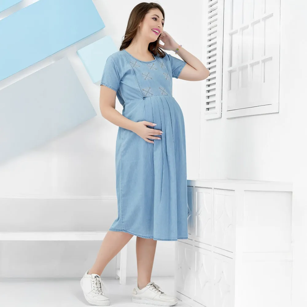 Blue Pleated Nursing Maternity Denim Dress