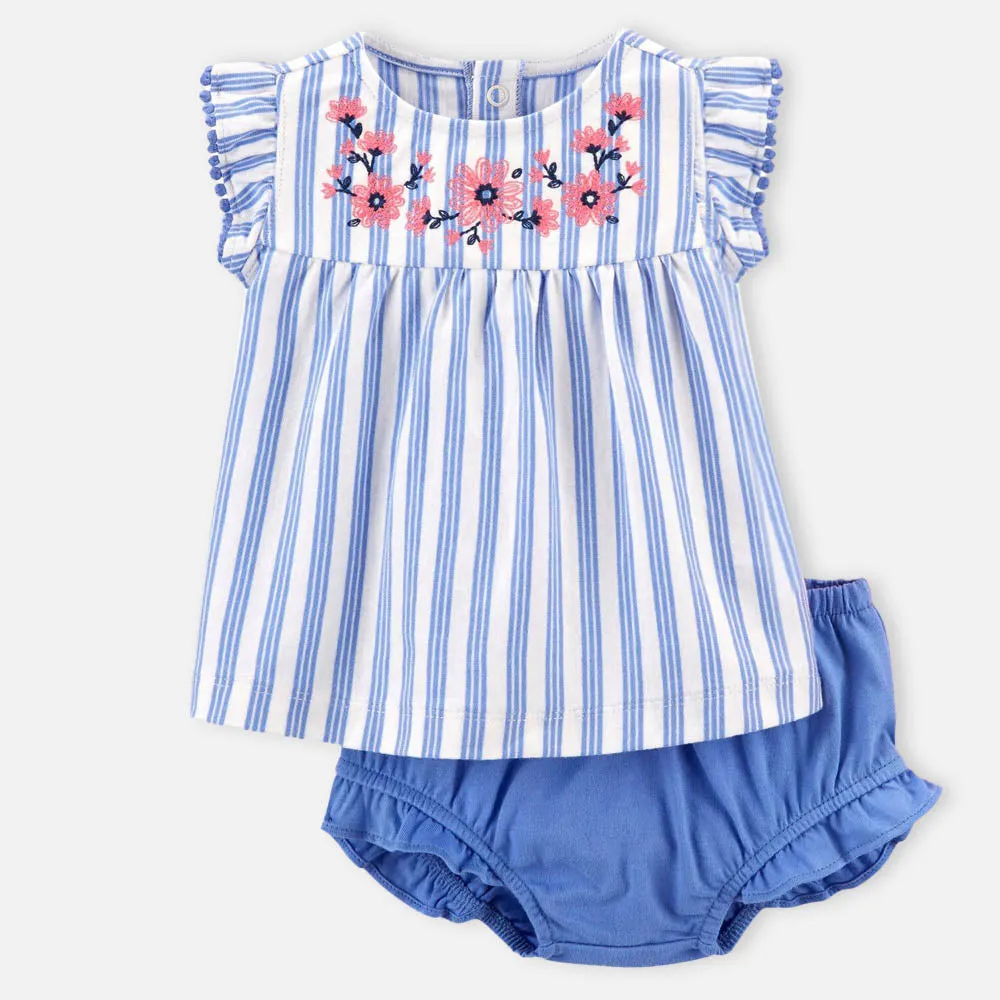 Blue Striped Embroidered Cotton Frock With Bloomer