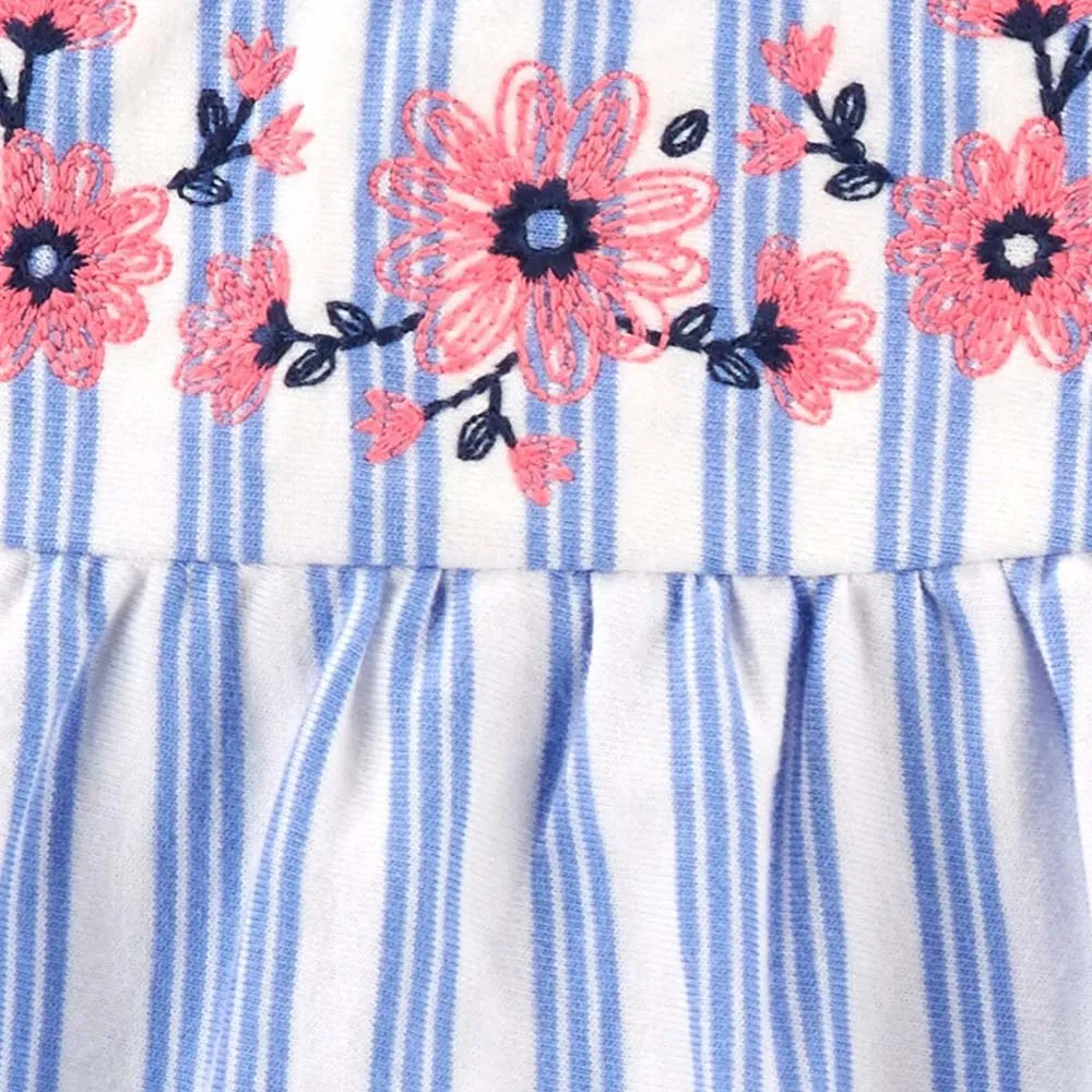 Blue Striped Embroidered Cotton Frock With Bloomer