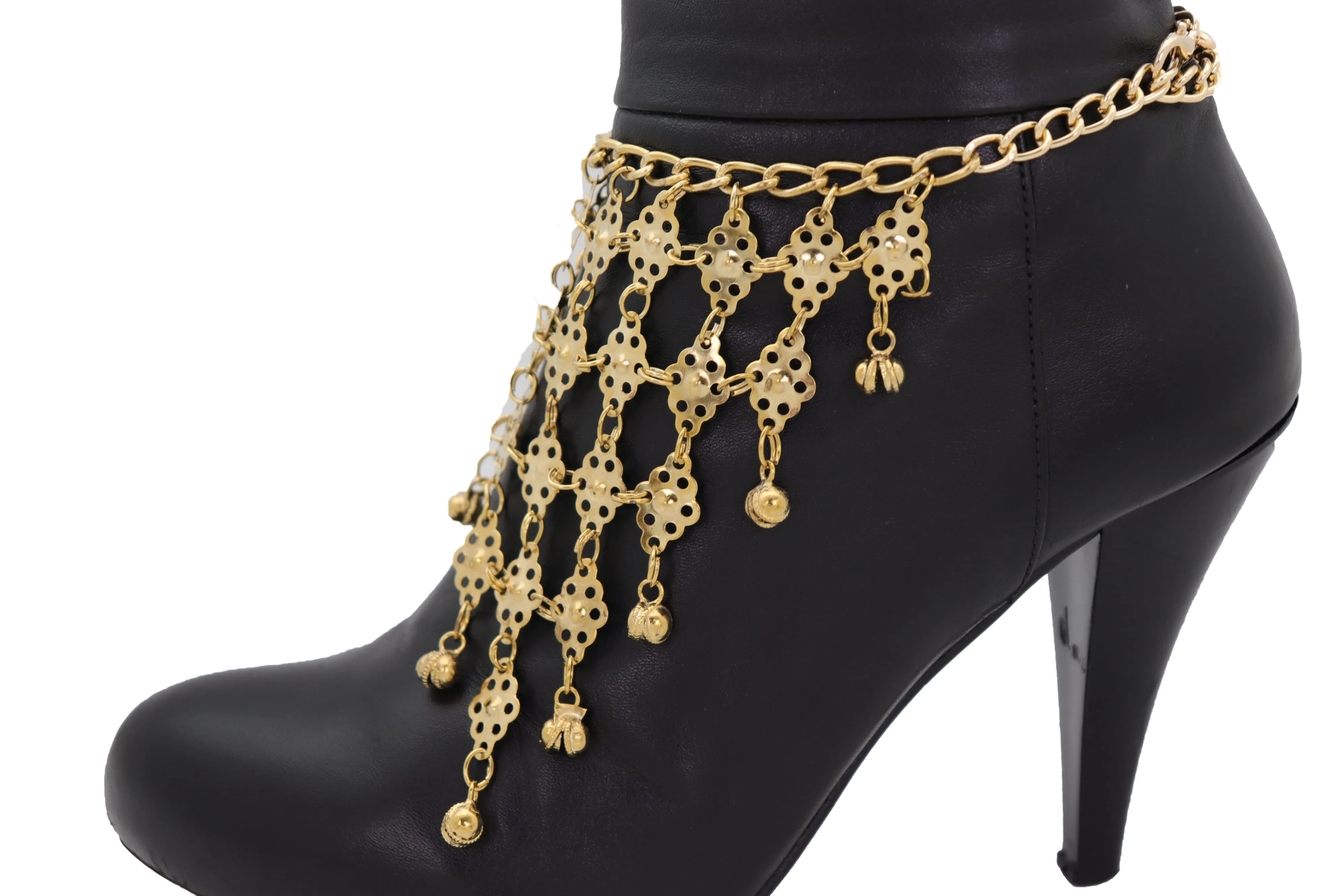 Boot Gold Metal Chain Multi Bells Bracelet Ethnic Western Bling Shoe Charm