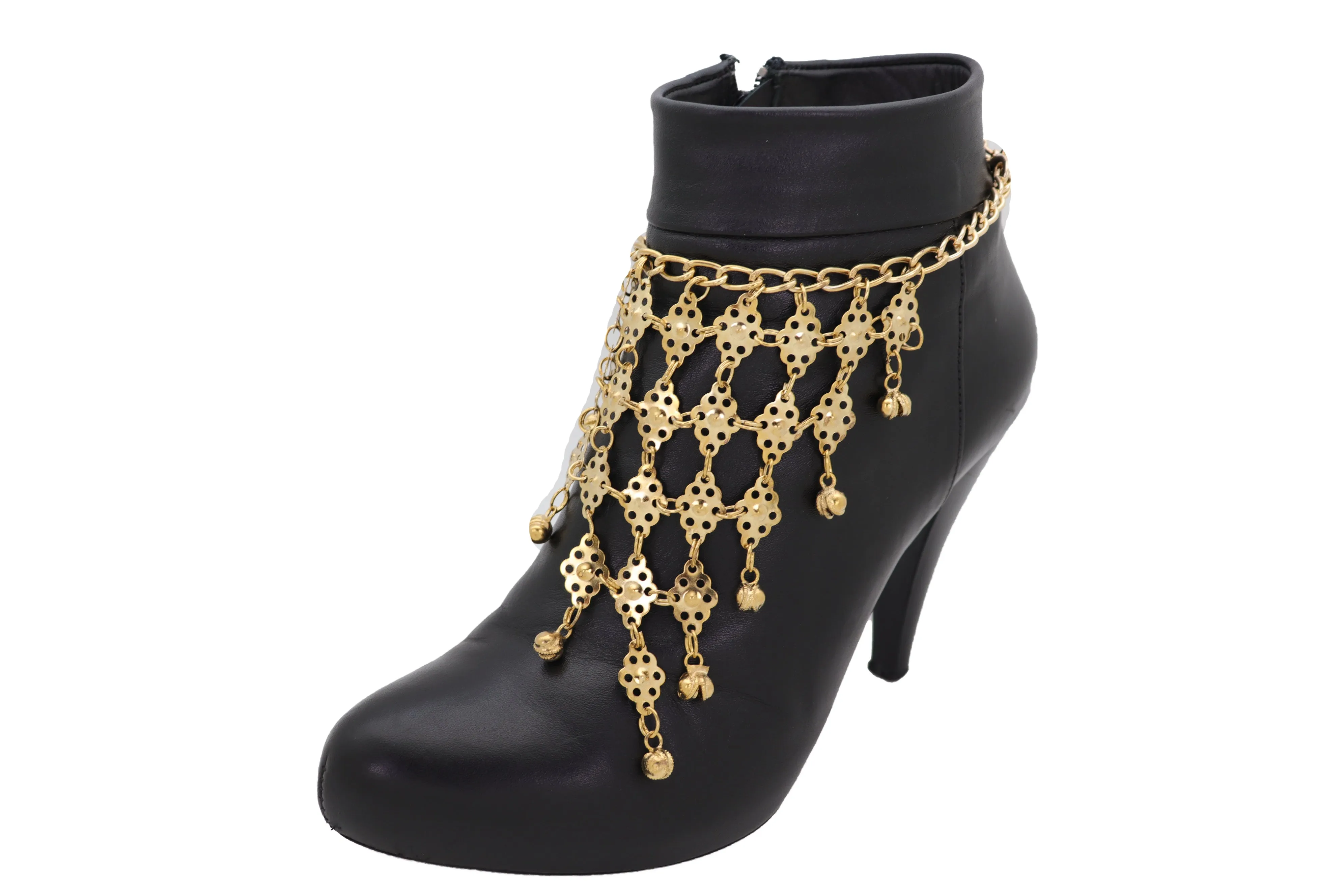 Boot Gold Metal Chain Multi Bells Bracelet Ethnic Western Bling Shoe Charm