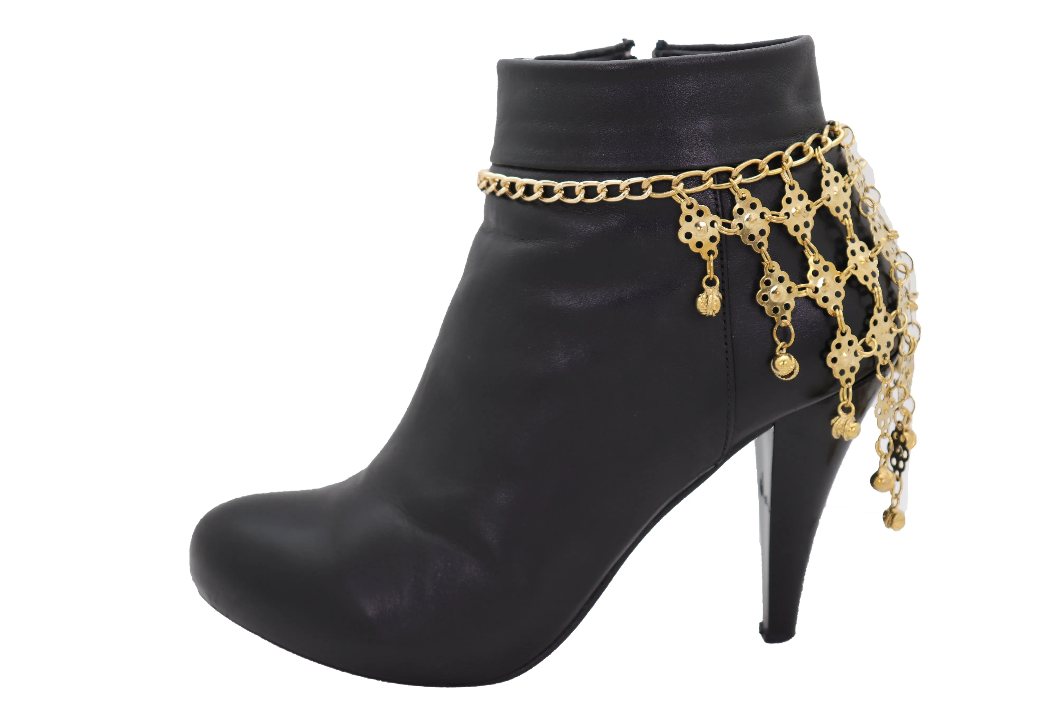 Boot Gold Metal Chain Multi Bells Bracelet Ethnic Western Bling Shoe Charm