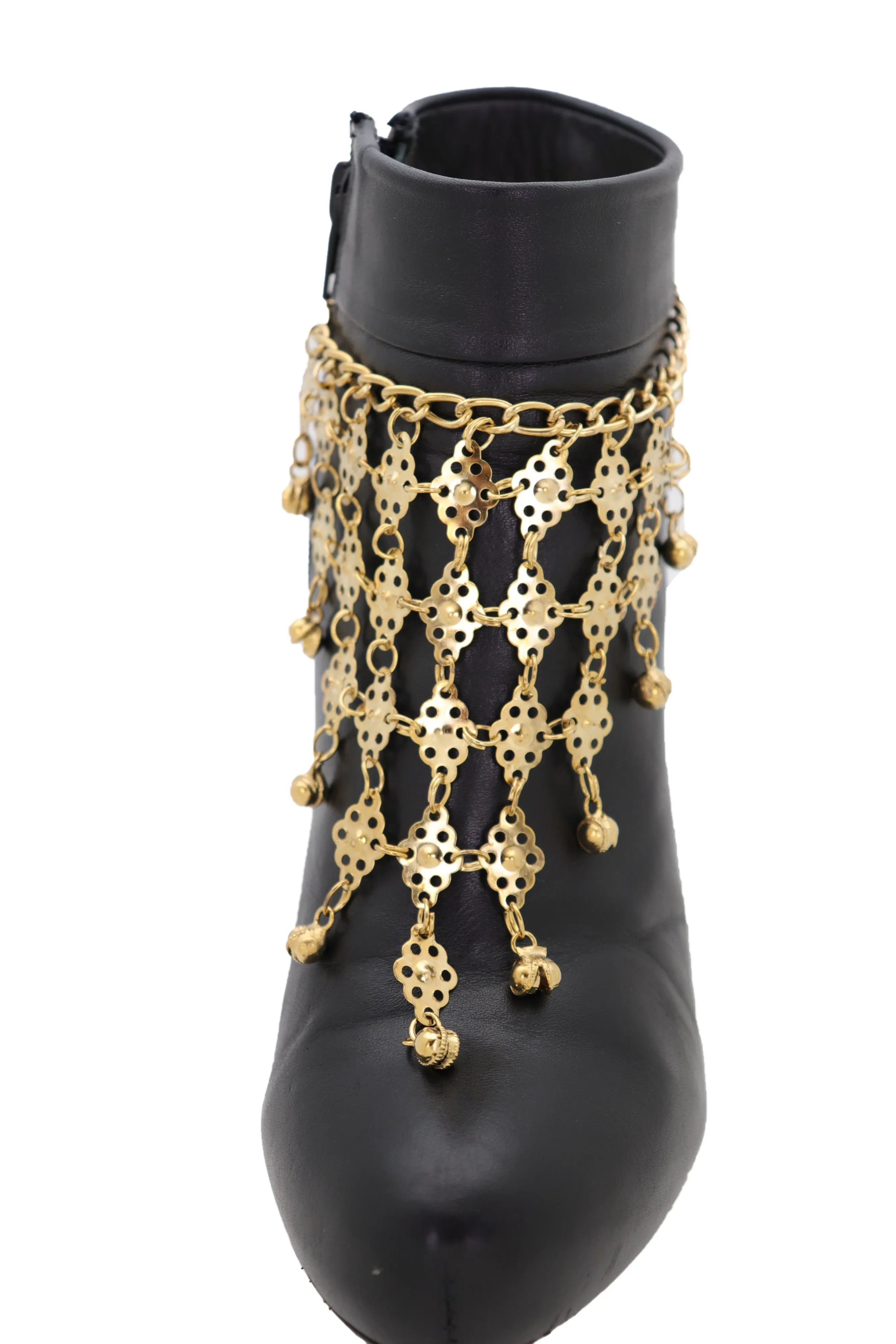 Boot Gold Metal Chain Multi Bells Bracelet Ethnic Western Bling Shoe Charm