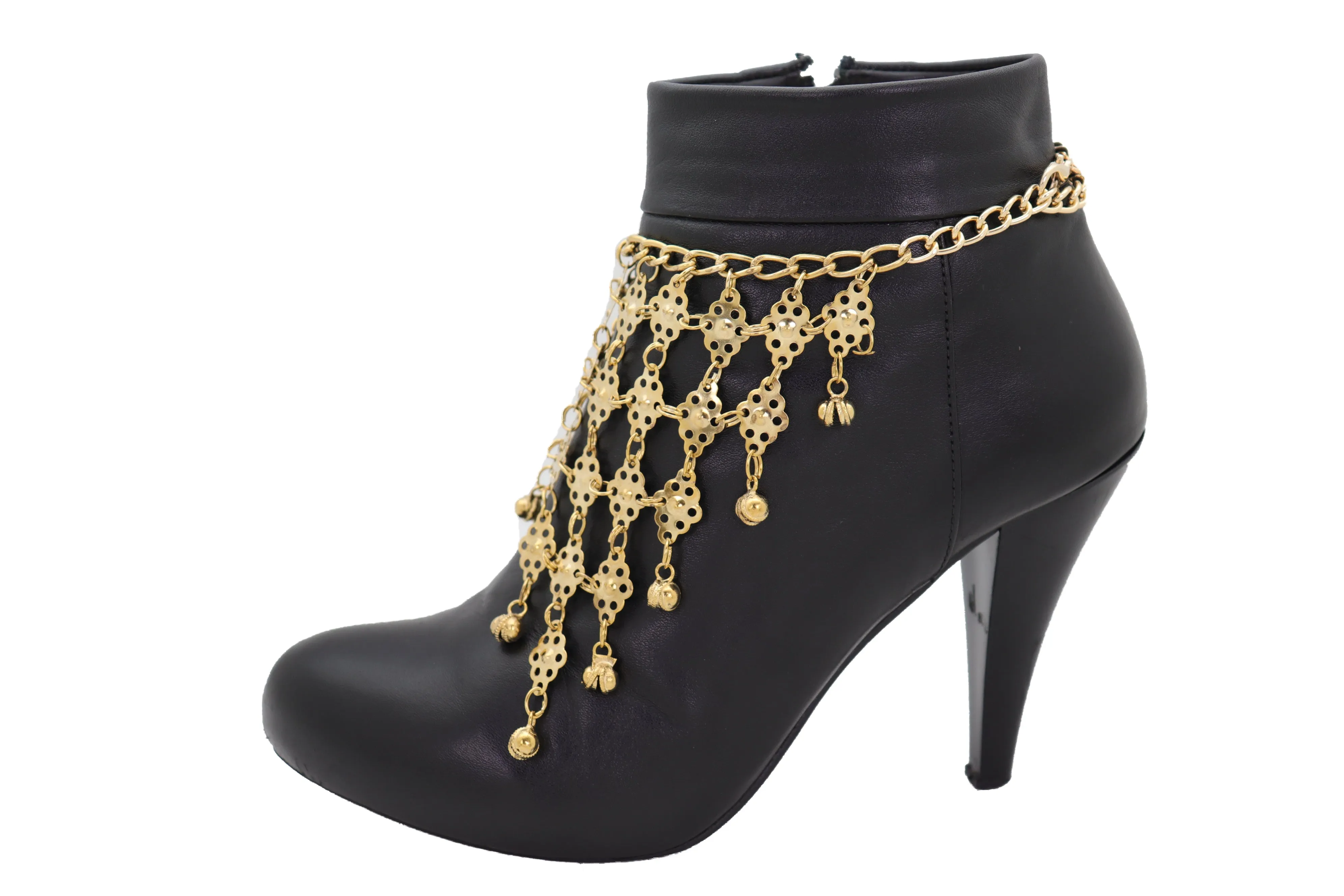 Boot Gold Metal Chain Multi Bells Bracelet Ethnic Western Bling Shoe Charm