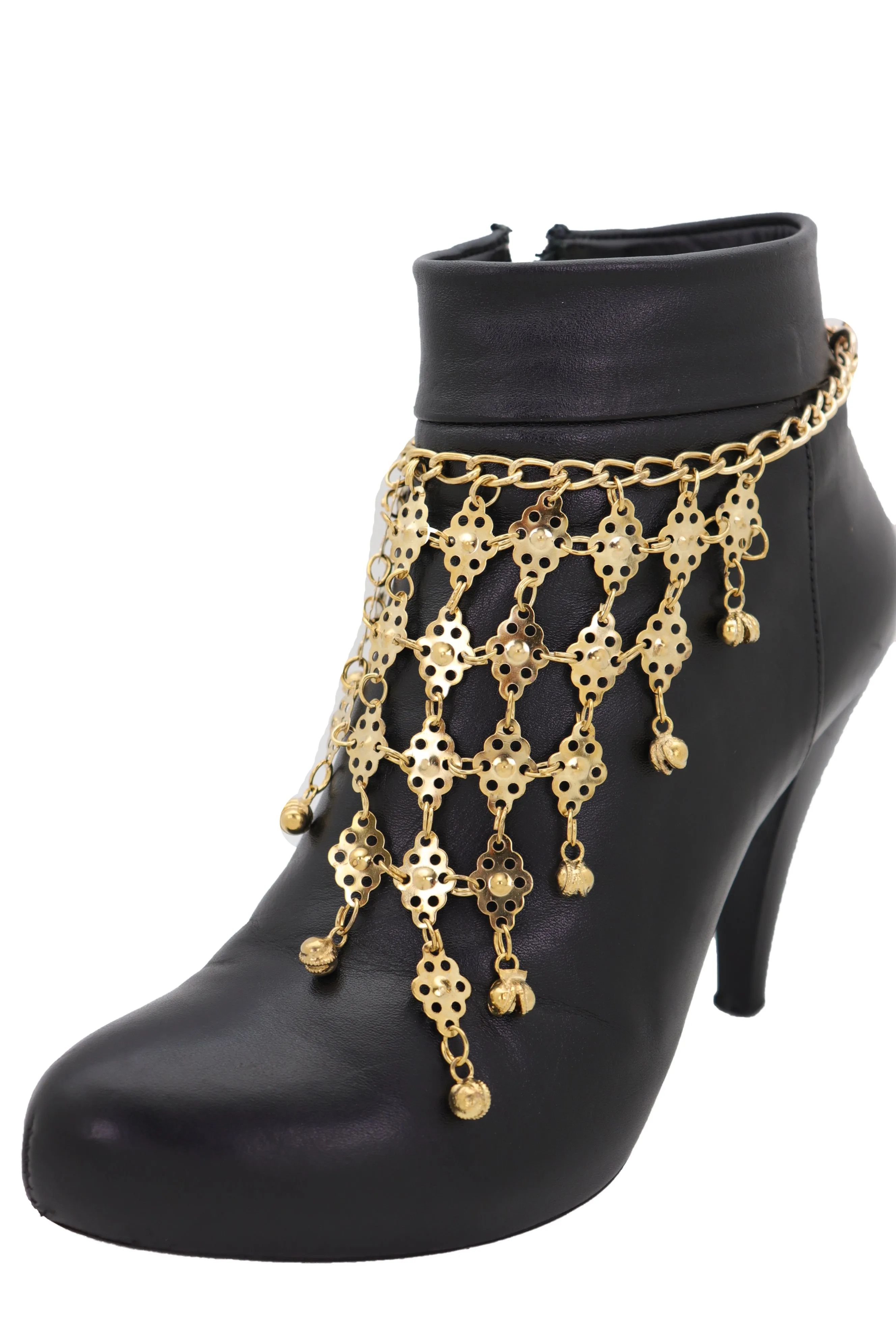 Boot Gold Metal Chain Multi Bells Bracelet Ethnic Western Bling Shoe Charm