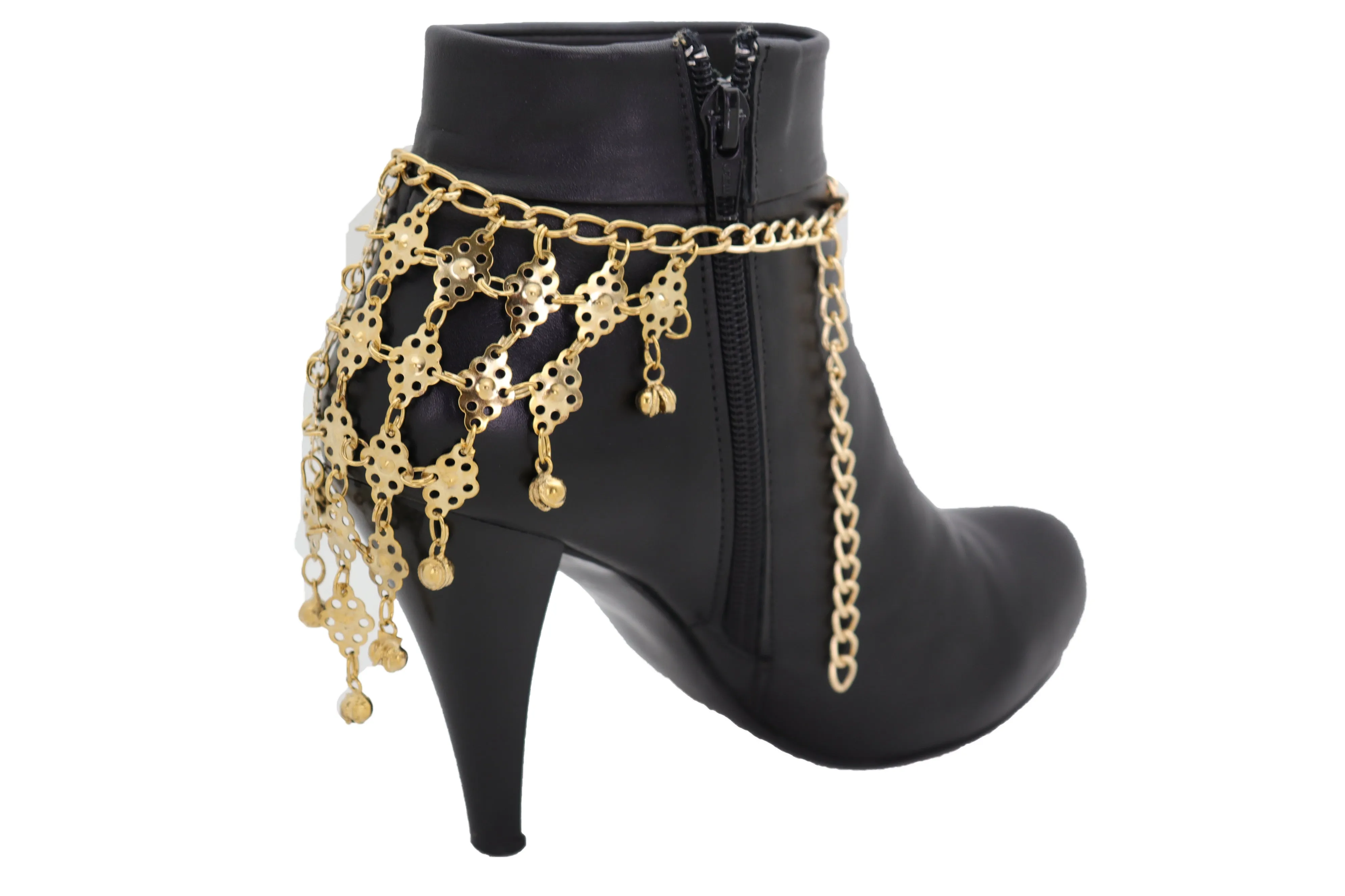 Boot Gold Metal Chain Multi Bells Bracelet Ethnic Western Bling Shoe Charm