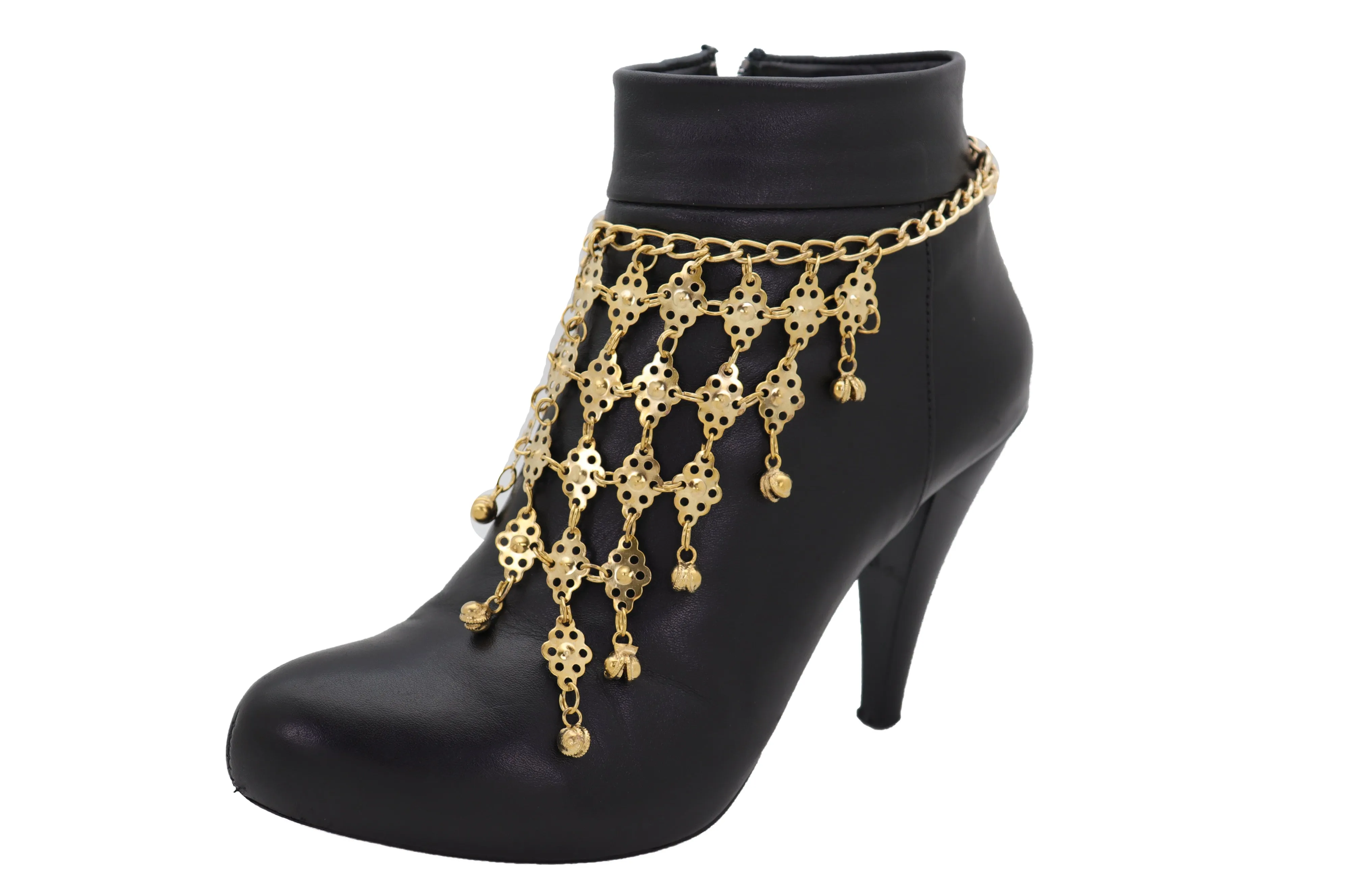 Boot Gold Metal Chain Multi Bells Bracelet Ethnic Western Bling Shoe Charm