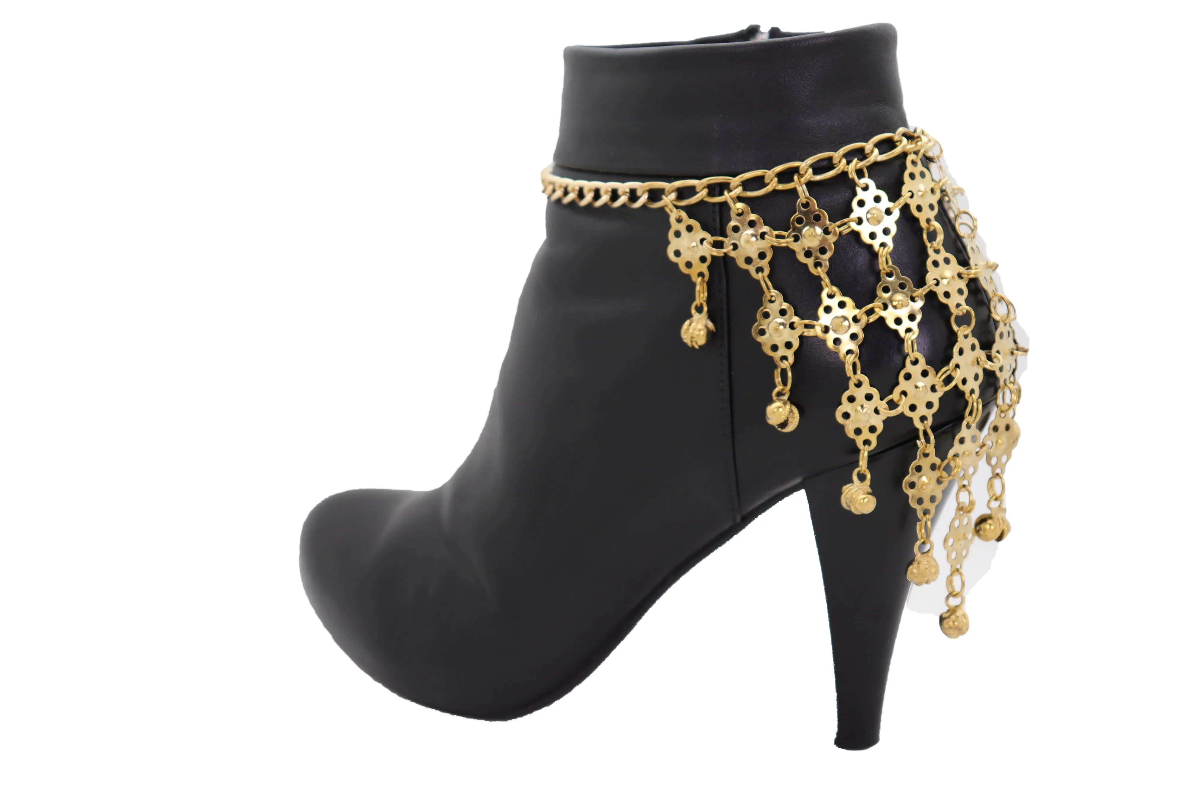 Boot Gold Metal Chain Multi Bells Bracelet Ethnic Western Bling Shoe Charm