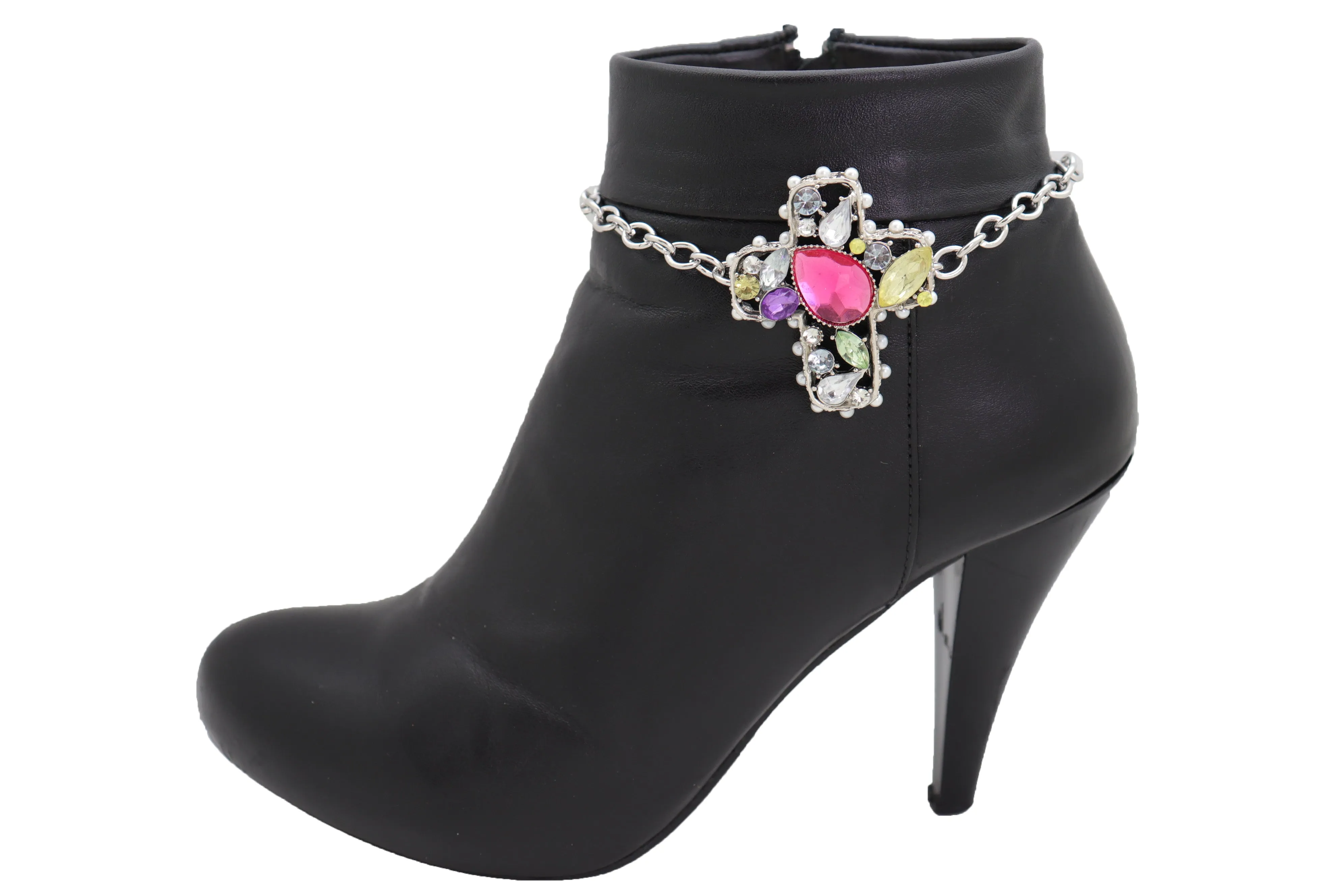 Colorful Jeweled Gem Cluster Cross Pendant Silver Boot Chain