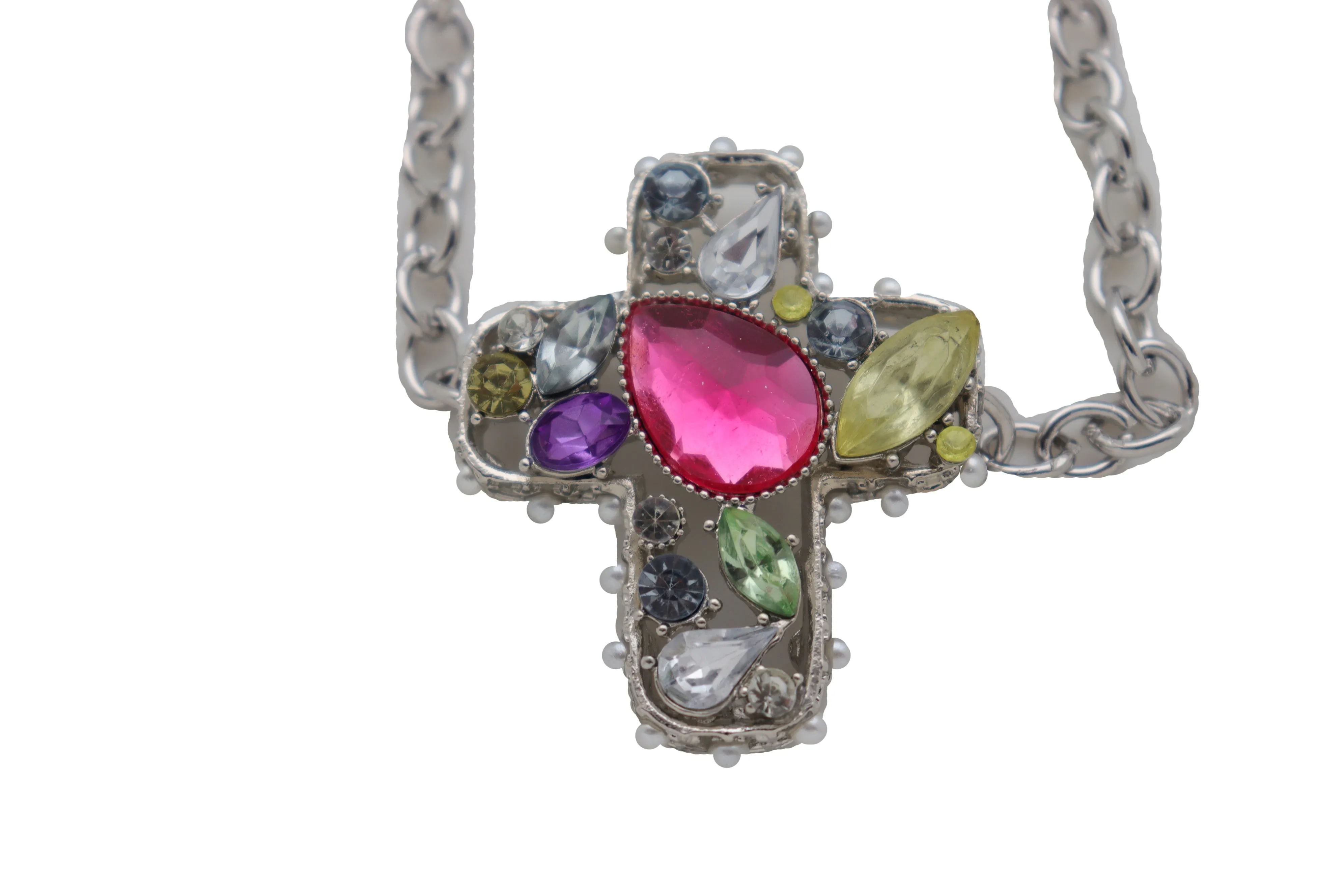 Colorful Jeweled Gem Cluster Cross Pendant Silver Boot Chain