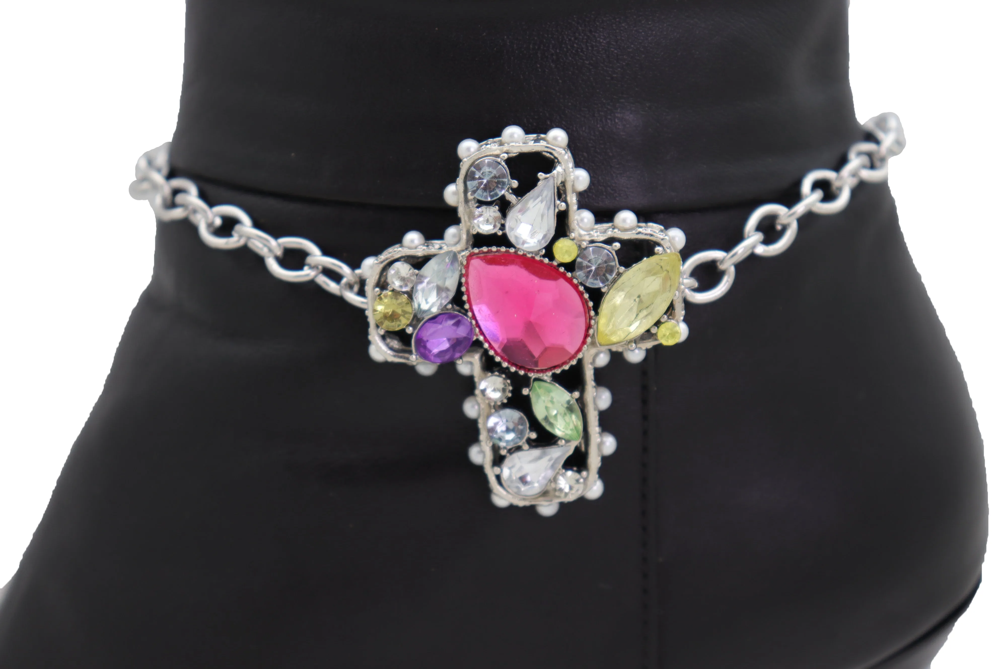 Colorful Jeweled Gem Cluster Cross Pendant Silver Boot Chain