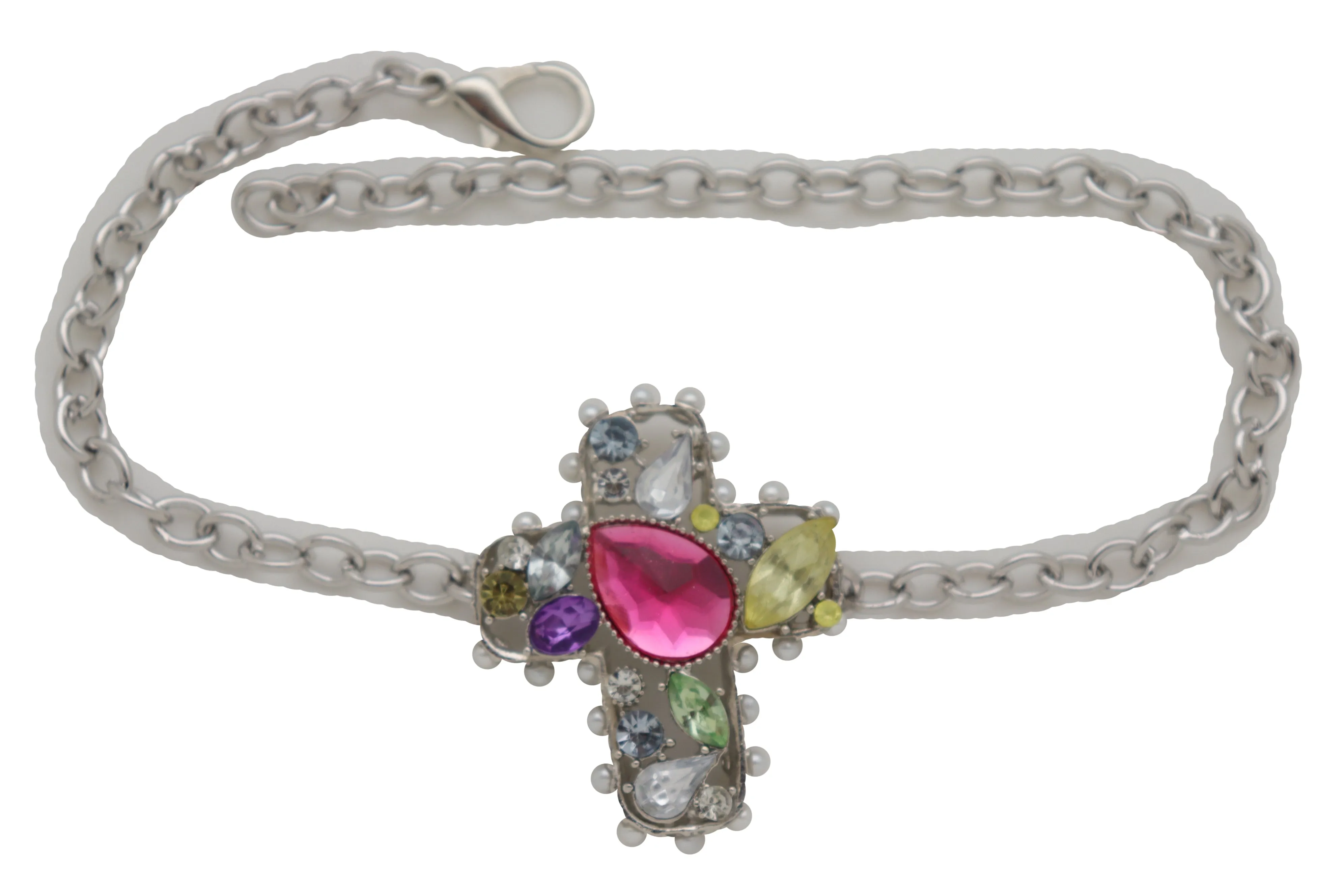 Colorful Jeweled Gem Cluster Cross Pendant Silver Boot Chain