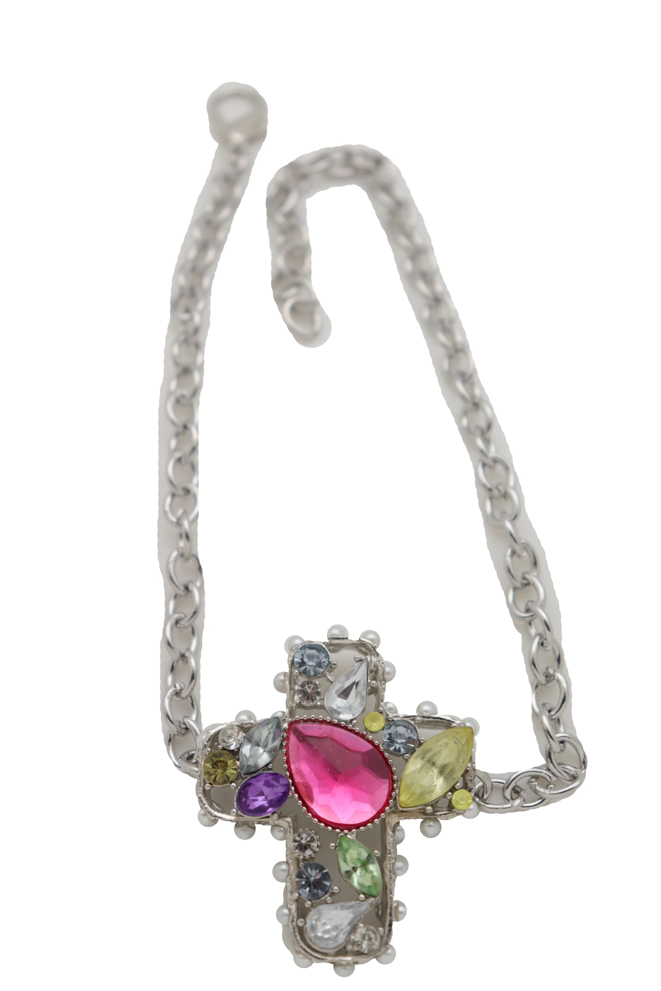 Colorful Jeweled Gem Cluster Cross Pendant Silver Boot Chain