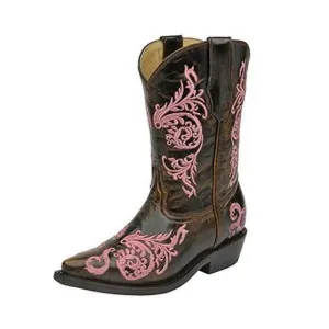 Corral Kids' Cognac Pink Dahlia Embroidered Snip Toe Cowboy Boots - G1243