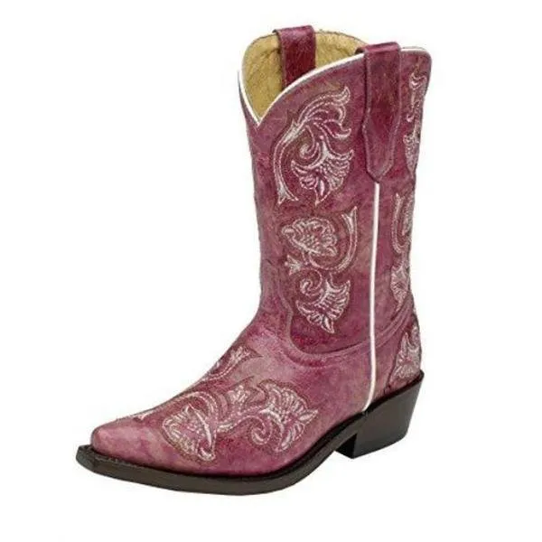 Corral Kids' Pink Floral Full Stitch Snip Toe Cowboy Boots - G1093