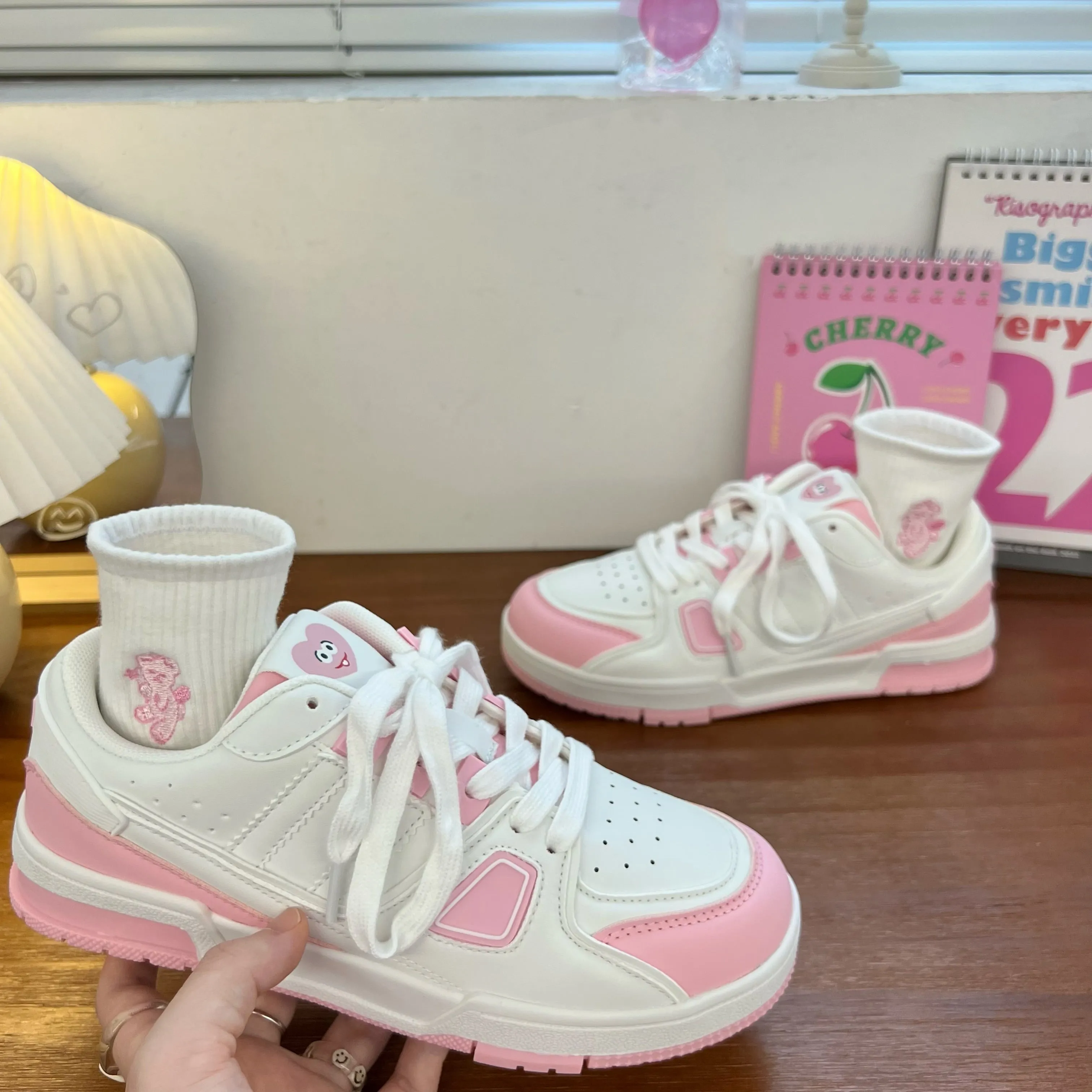 Cute Heart White Pink Sneakers Sports Running Shoes