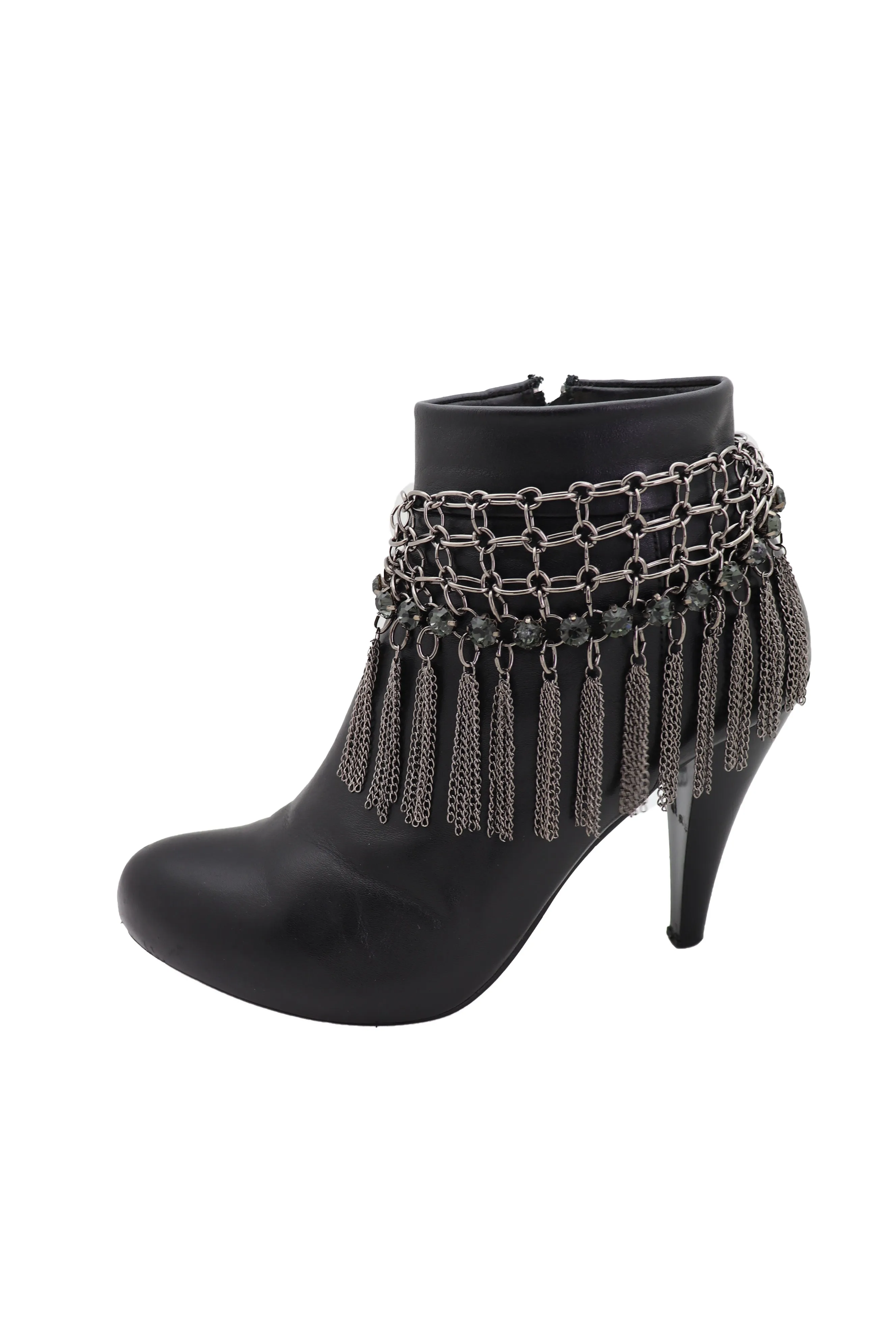 Dark Silver Metal Chain Boot Bracelet Shoe Web Fringe Charm Tassel Bling