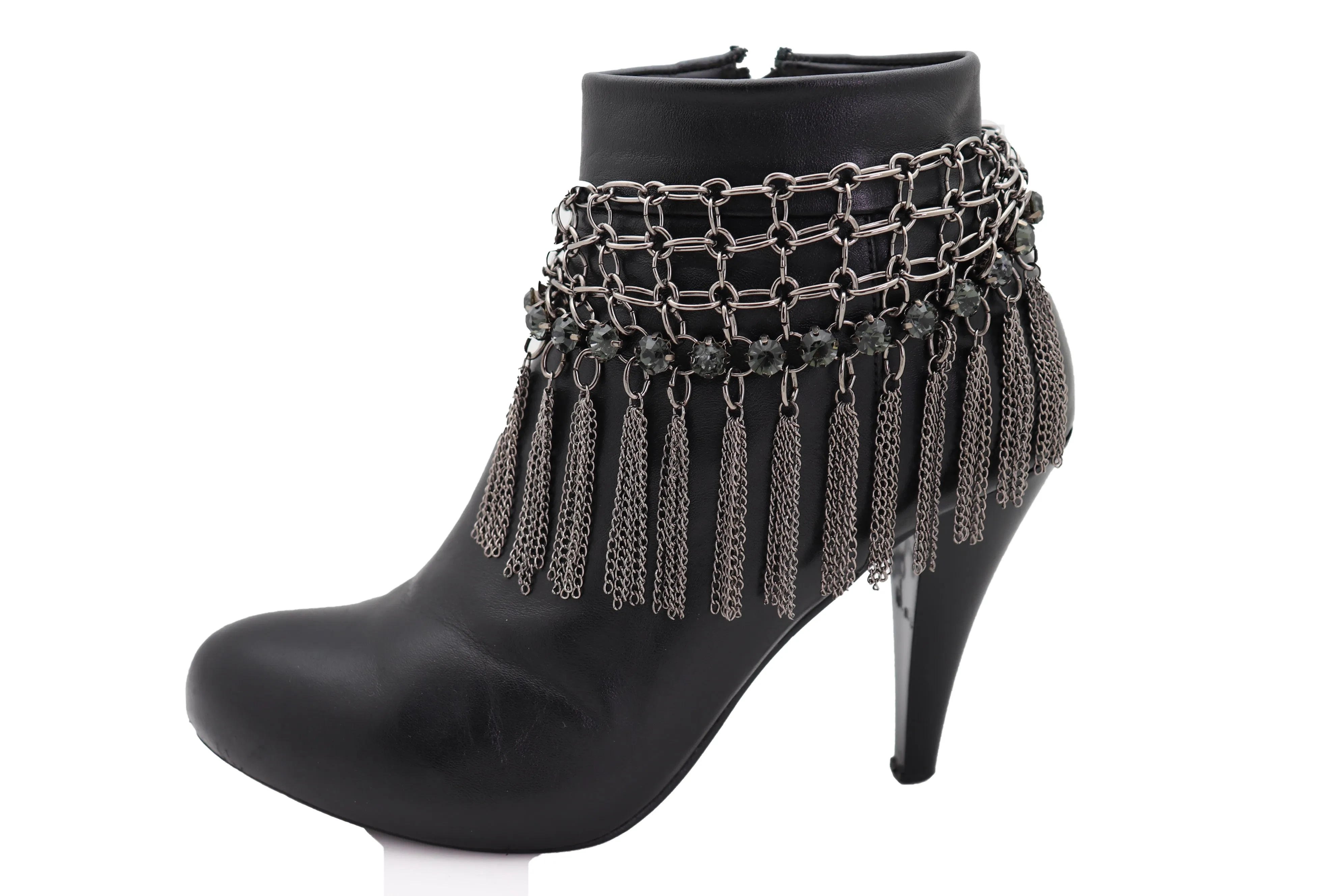 Dark Silver Metal Chain Boot Bracelet Shoe Web Fringe Charm Tassel Bling