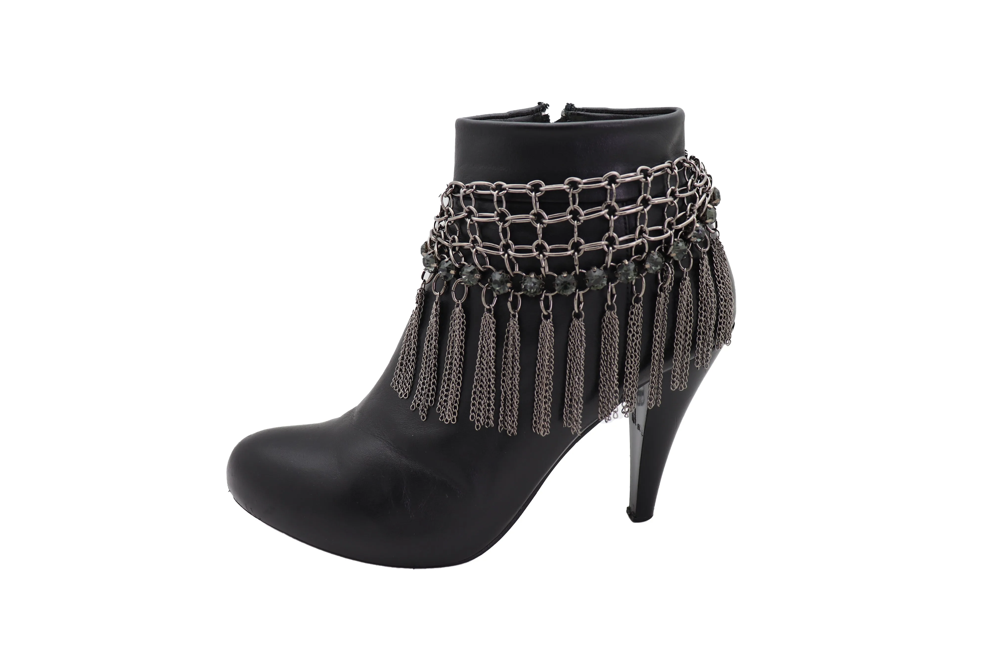 Dark Silver Metal Chain Boot Bracelet Shoe Web Fringe Charm Tassel Bling