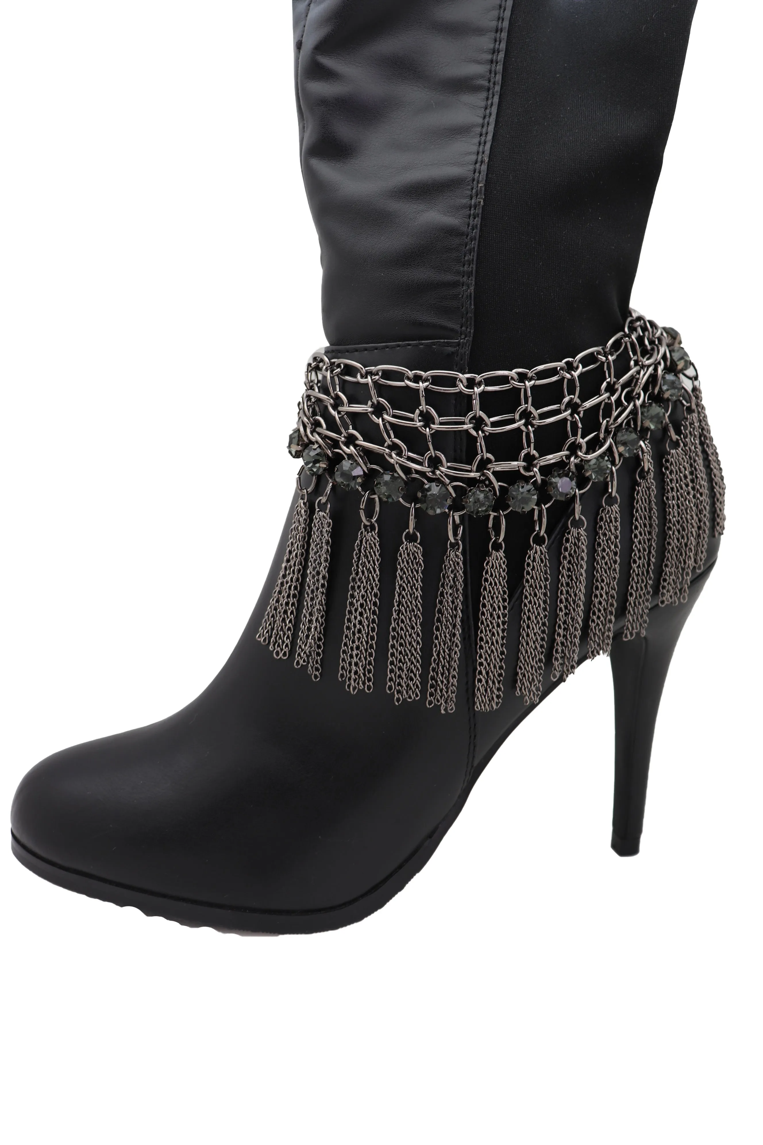 Dark Silver Metal Chain Boot Bracelet Shoe Web Fringe Charm Tassel Bling