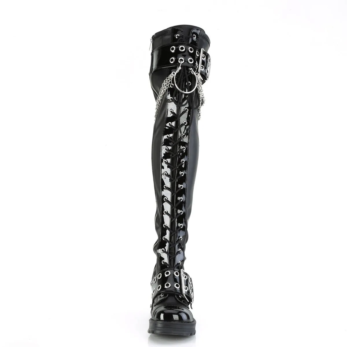 Demonia BRATTY-304 | Black Stretch V. Leather Above Knee Boots