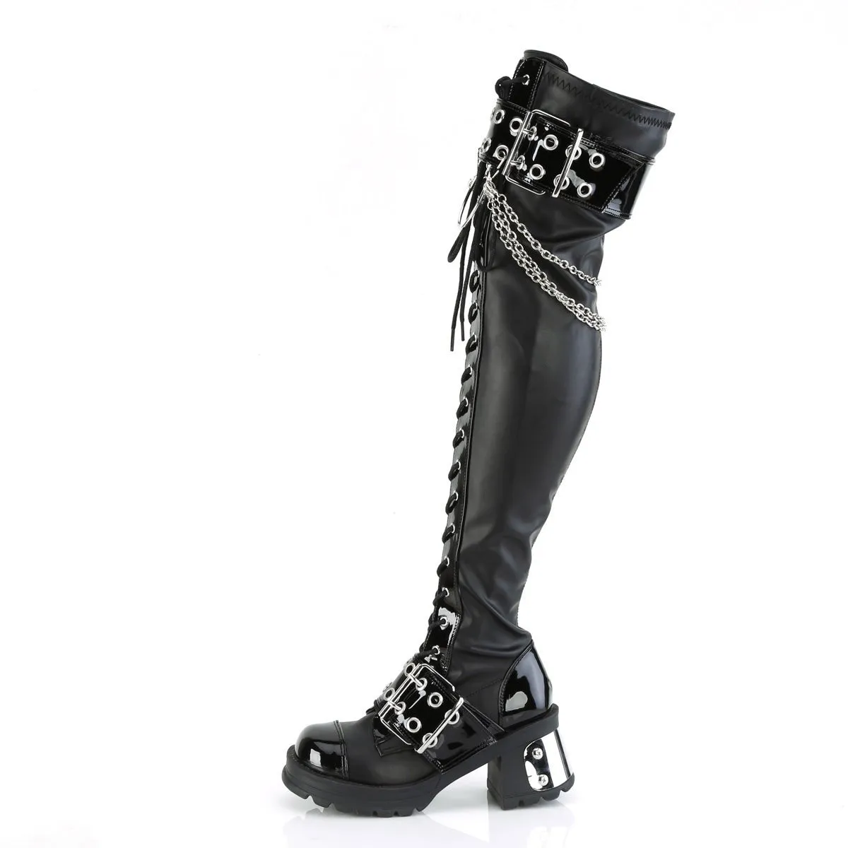 Demonia BRATTY-304 | Black Stretch V. Leather Above Knee Boots