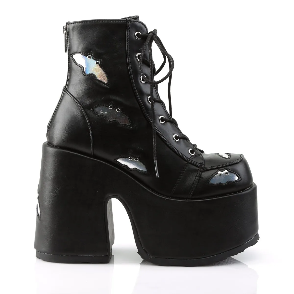 Demonia CAMEL-201 | Black & Silver Holo V. Leather Ankle Boots