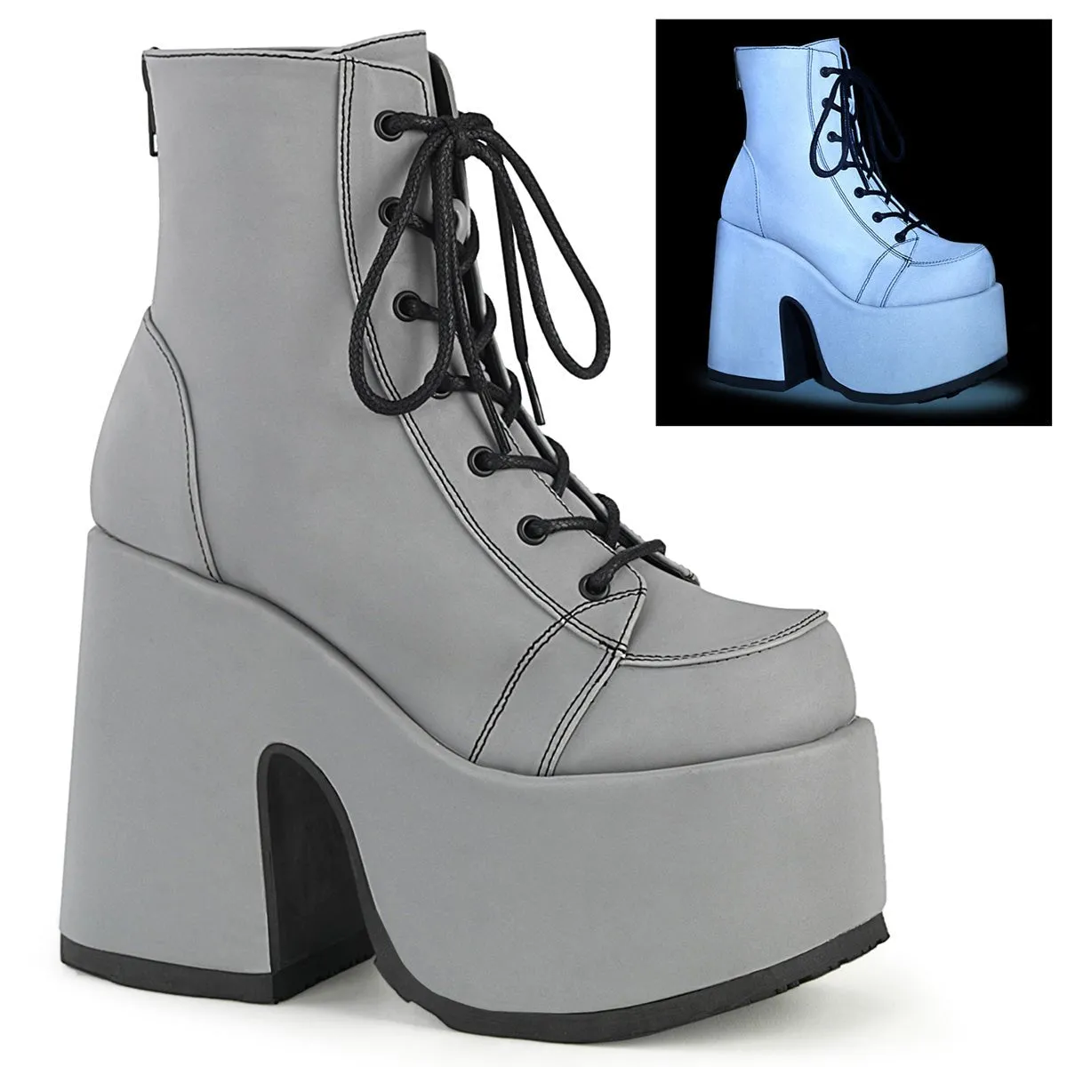 Demonia CAMEL-203 | Grey Reflective Vegan Leather Ankle Boots