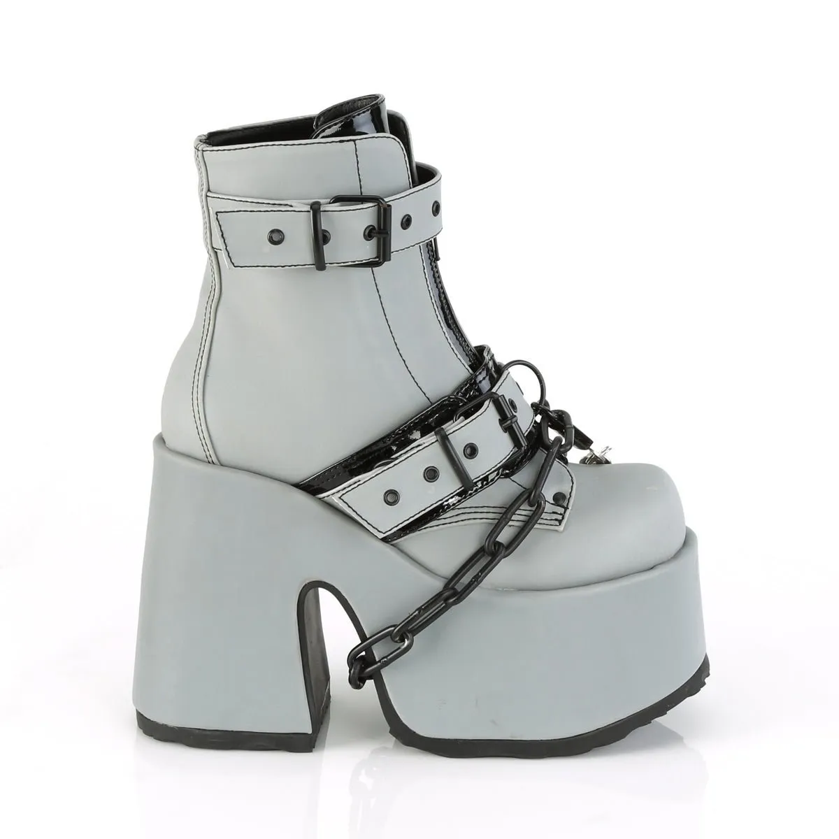 Demonia CAMEL-205 | Grey Reflective Vegan Leather Ankle Boots