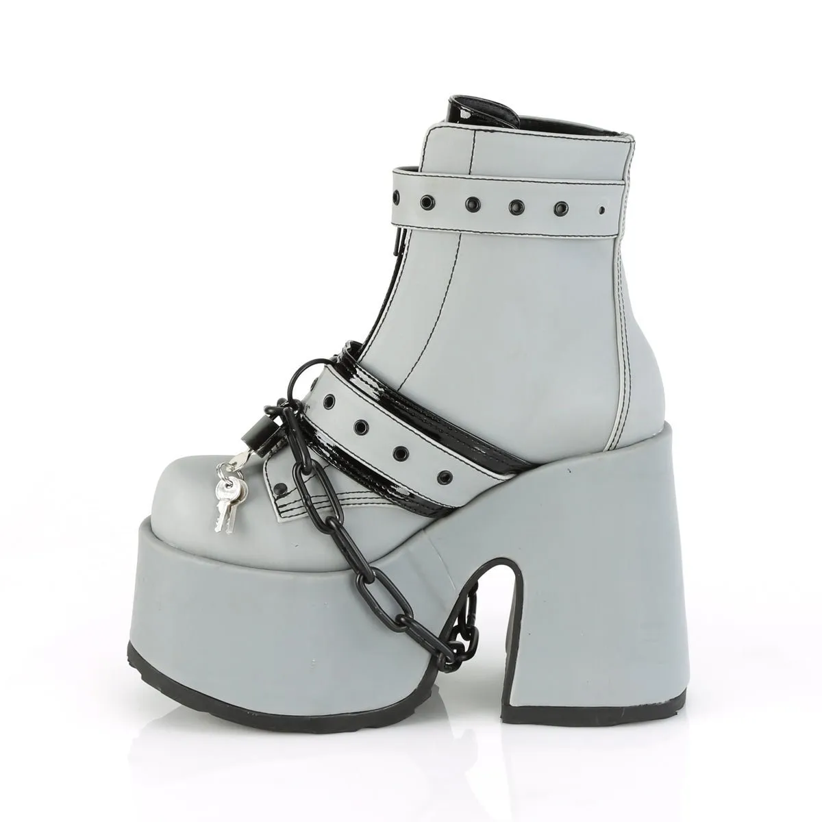 Demonia CAMEL-205 | Grey Reflective Vegan Leather Ankle Boots