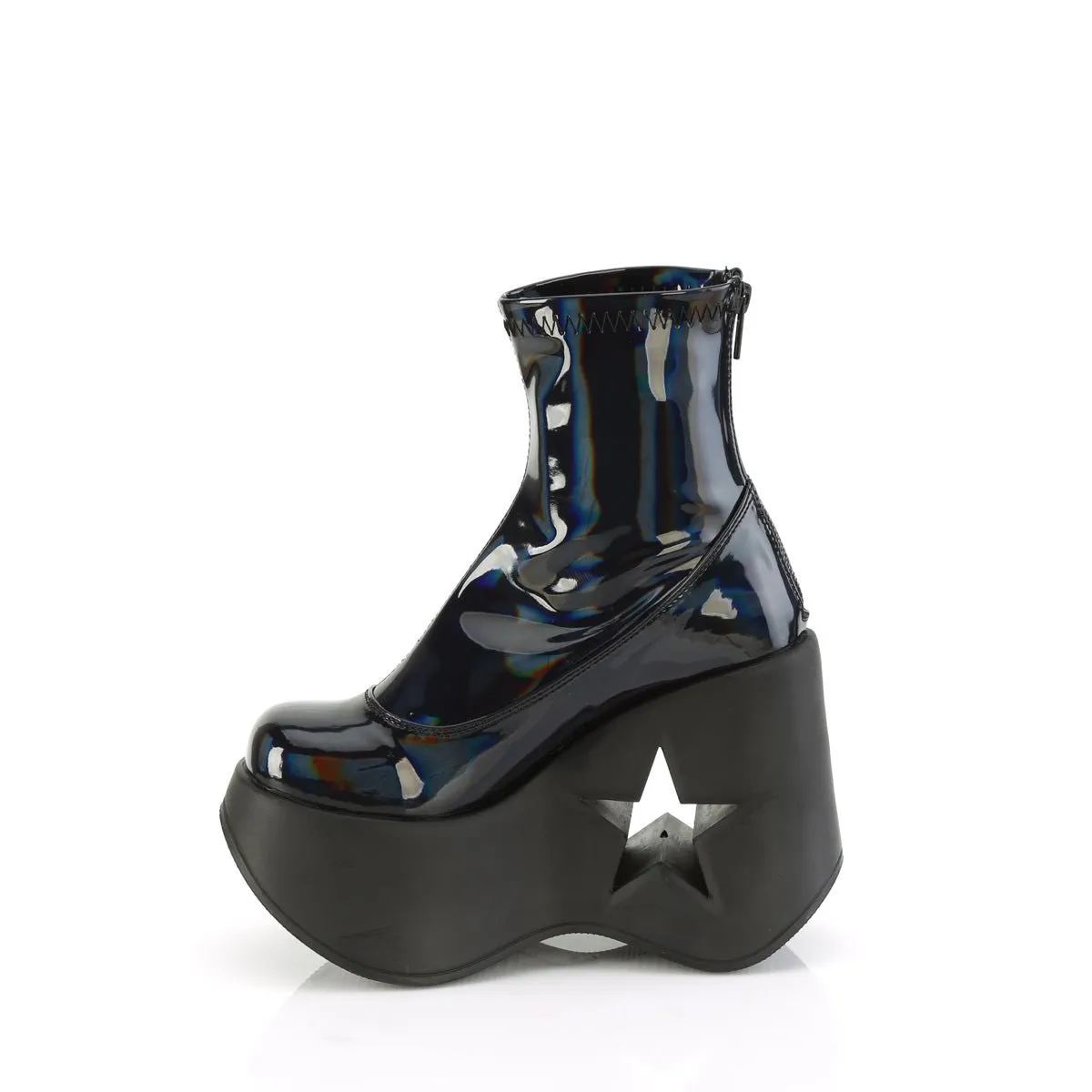 Demonia DYNAMITE-100 | Black Stretch Hologram Ankle Boots