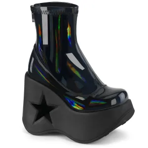 Demonia DYNAMITE-100 | Black Stretch Hologram Ankle Boots