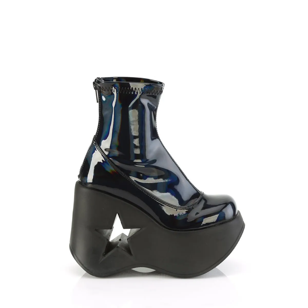 Demonia DYNAMITE-100 | Black Stretch Hologram Ankle Boots