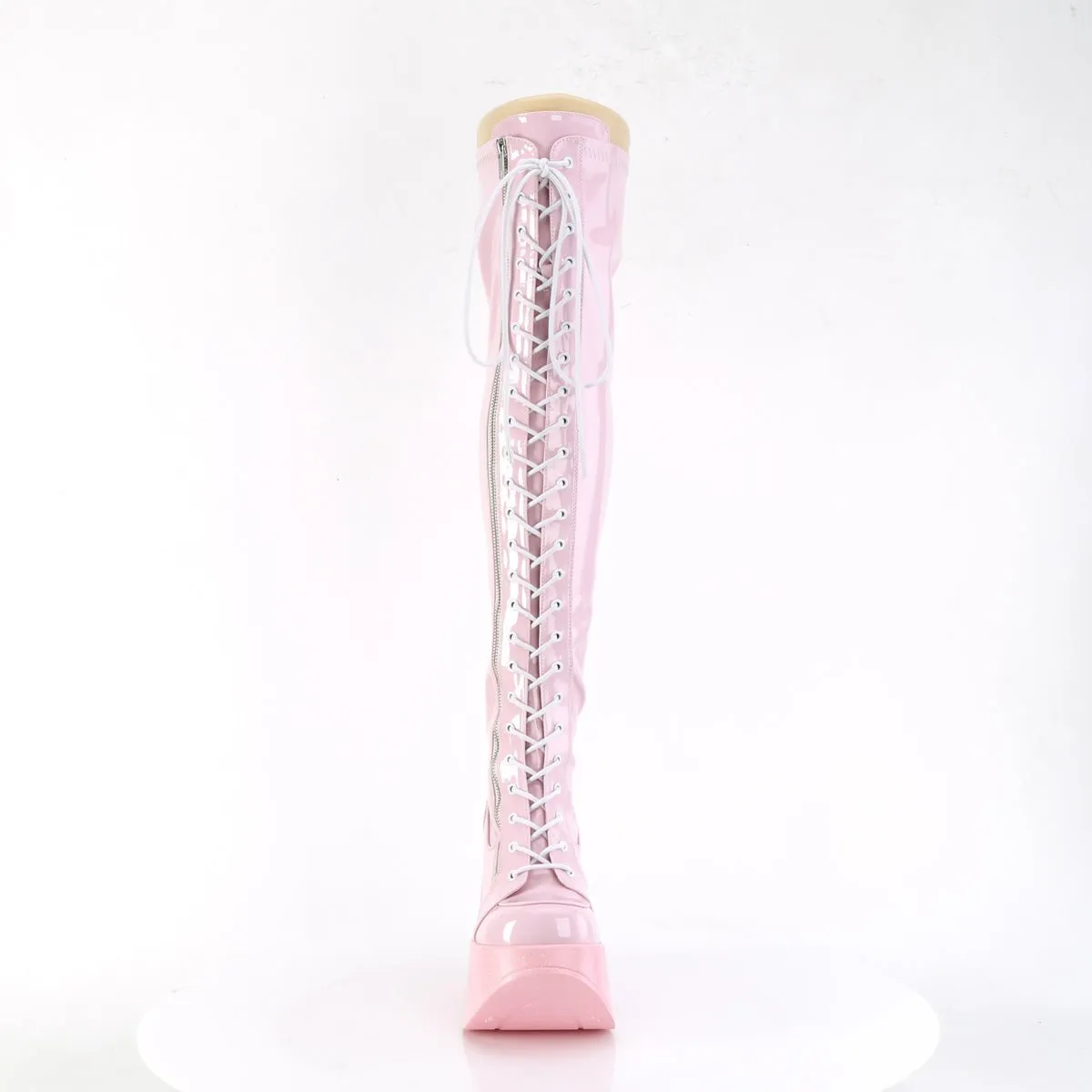 Demonia DYNAMITE-300 | Baby Pink Stretch Holo Above Knee Boots