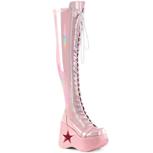 Demonia DYNAMITE-300 | Baby Pink Stretch Holo Above Knee Boots