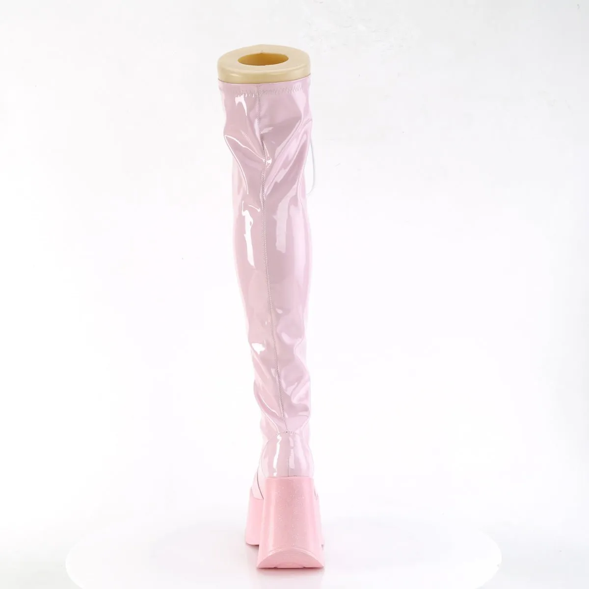 Demonia DYNAMITE-300 | Baby Pink Stretch Holo Above Knee Boots